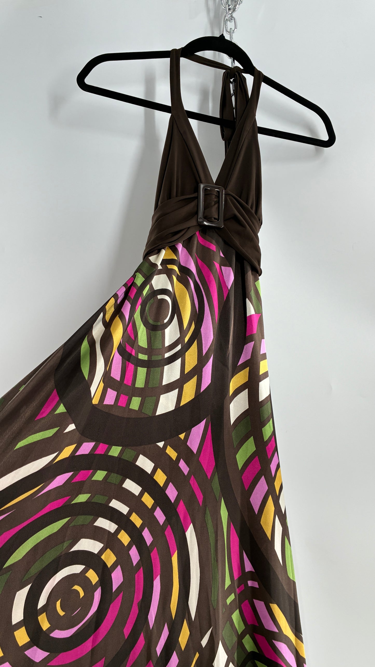 Vintage Candies Brown Patterned Gown with Belted Bust and Halter Neckline (Medium)