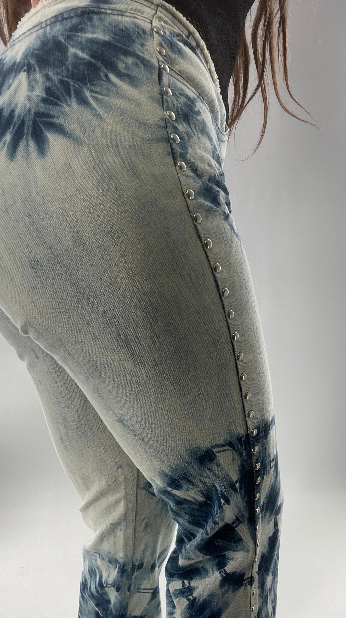 Vintage 1990s DKNY Light Bleached Jeans with Tie Dye Denim Pattern, Raw Edge Low Rise, and Studded Sides (5)