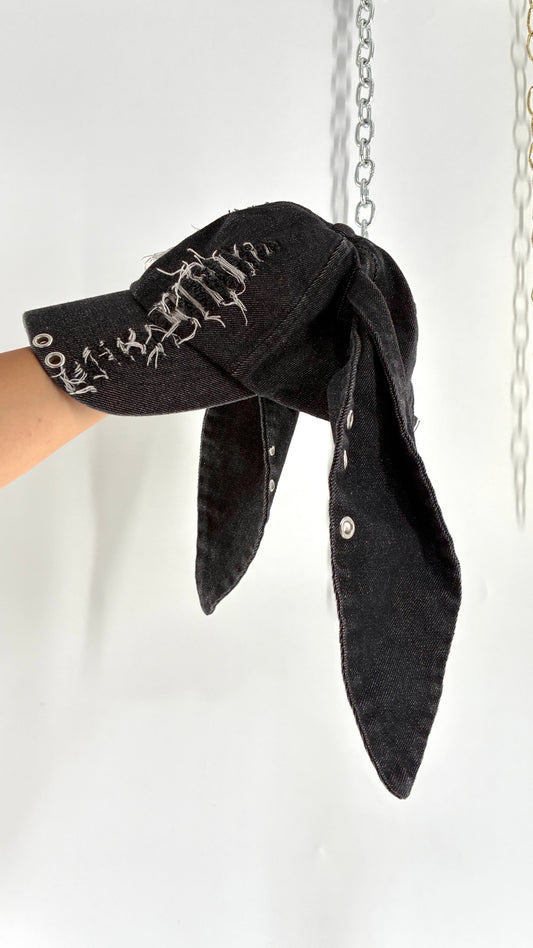Vintage OLIVEGREY Black Distressed Denim Bunny Hat with Piercings