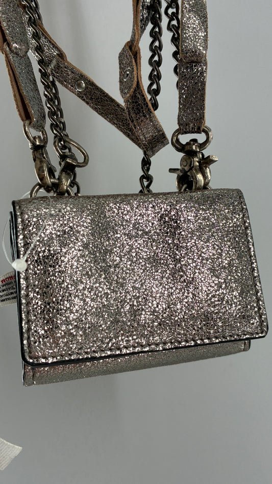 Free People Silver Gun Metal Metallic Goat Leather Wallet with Leather and Chain Straps