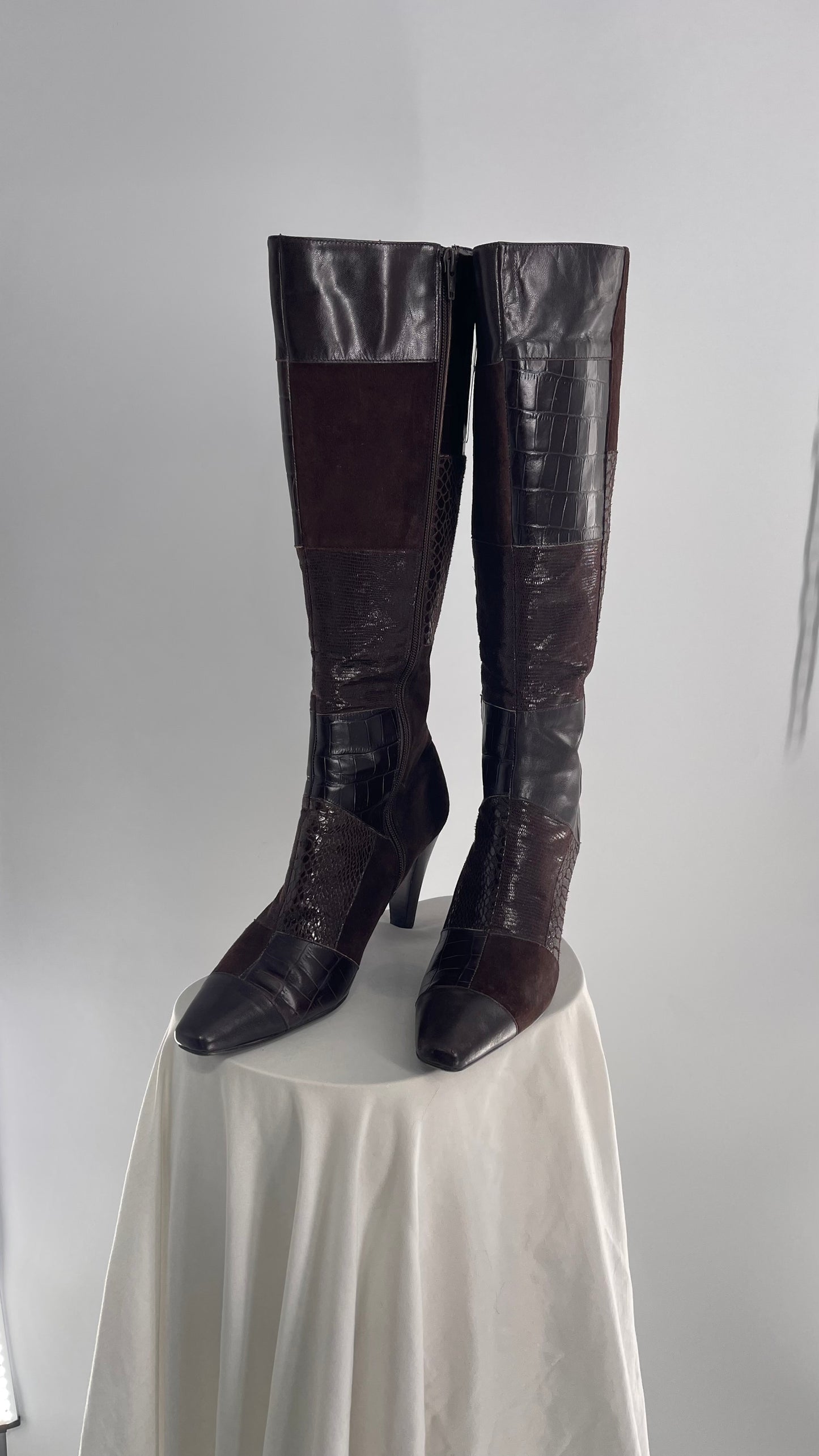 Vintage Bandolino Pointed Toe Patchwork Leather Knee High Boots (10)