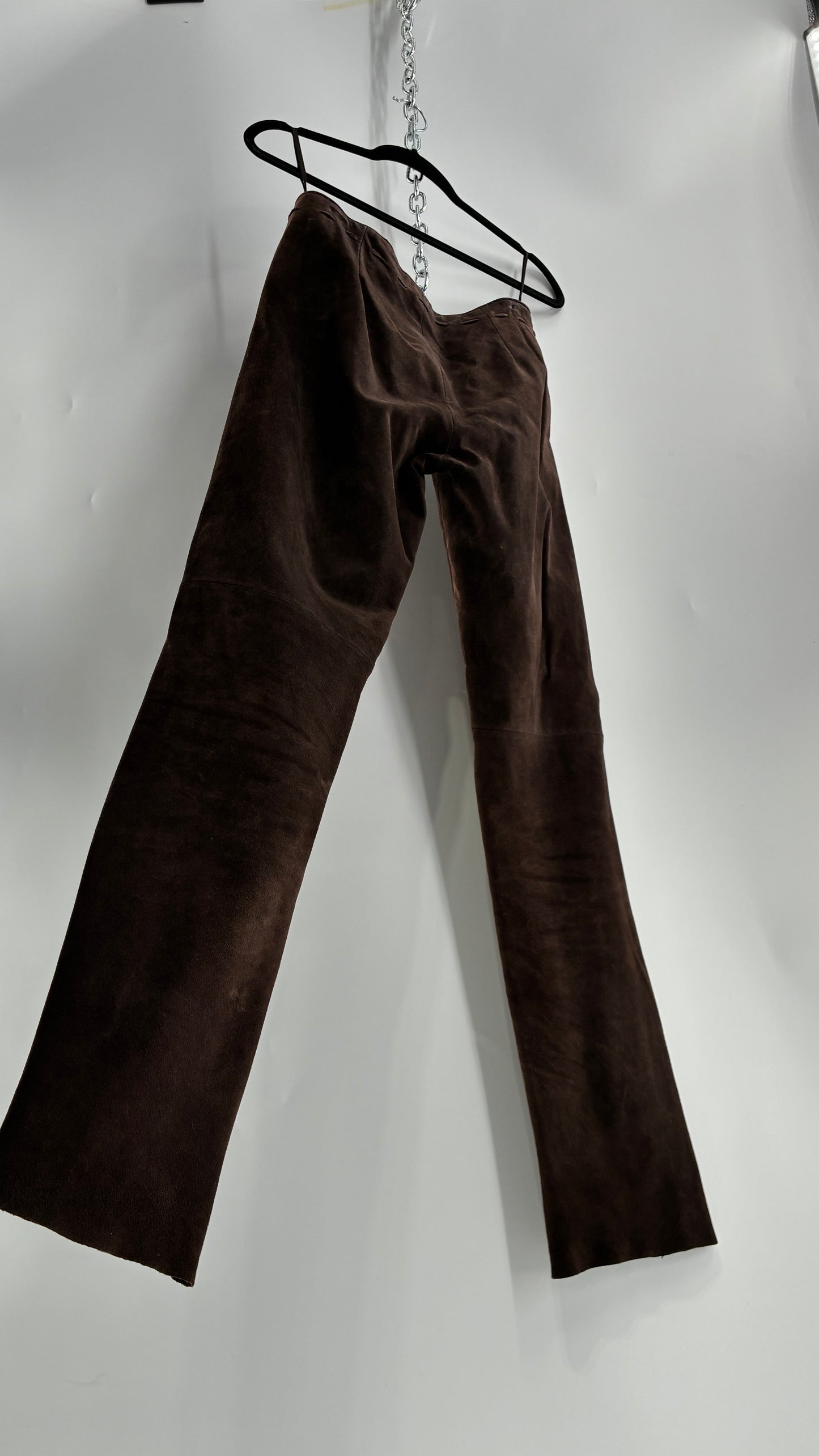 Vintage FOR JOSEPH Low Rise, Chocolate Brown Suede Pants with Leather Stitch Sides and Bow Closure (28)
