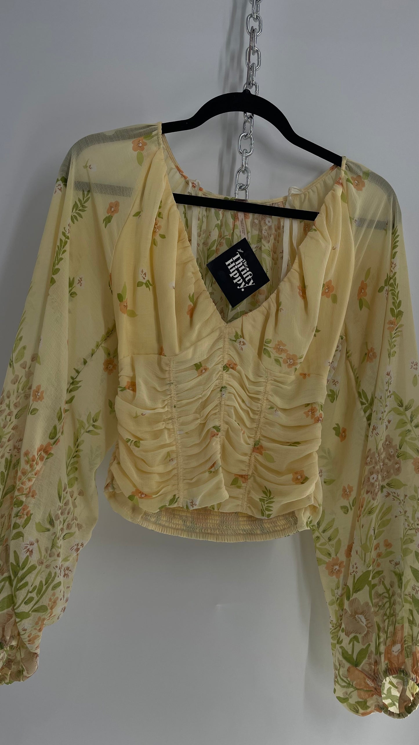 Free People Baby Yellow Bubble Sleeve Blouse with Ruched Bodice (XS)