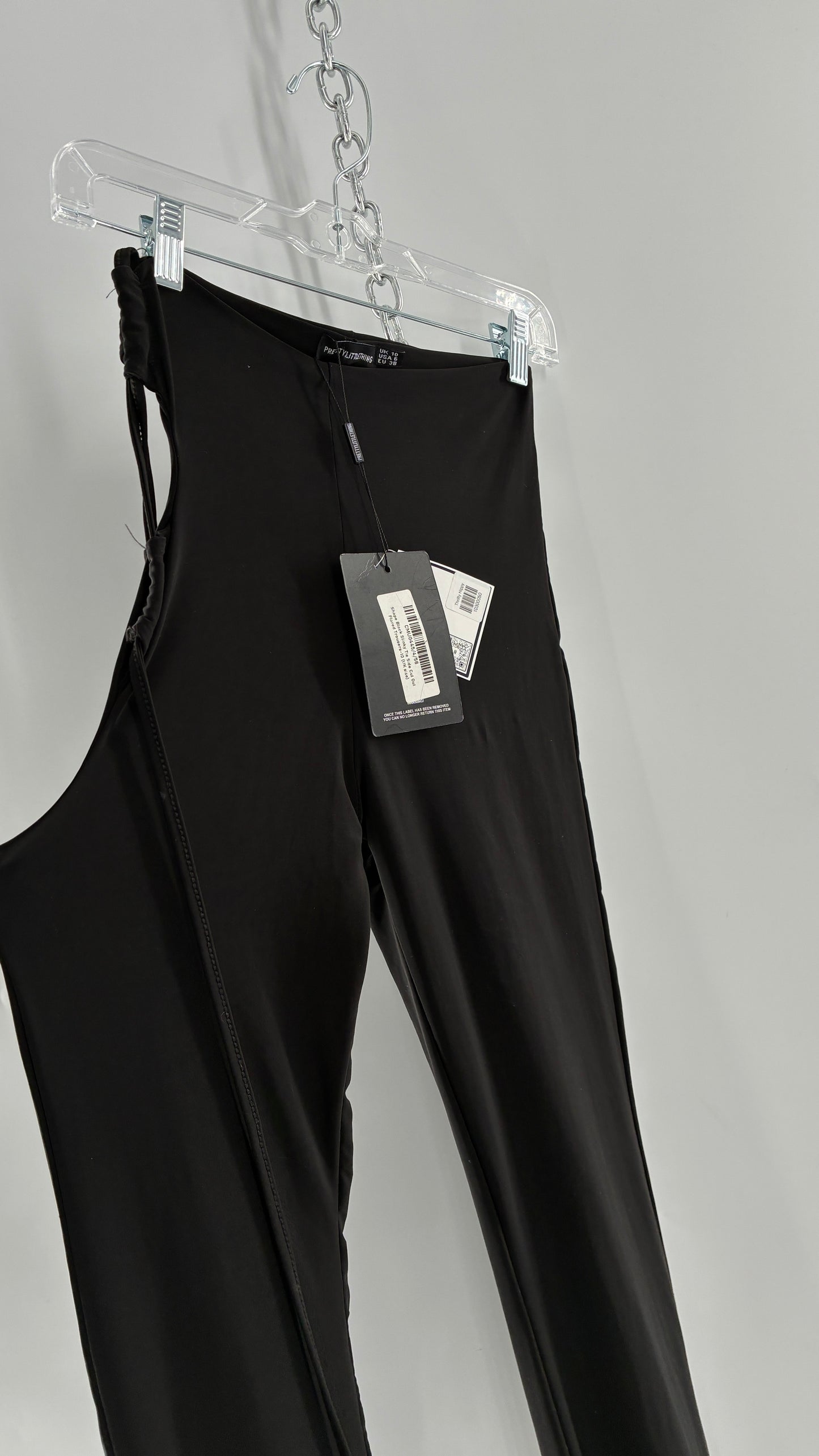 Pretty Little Thing Black Slinky Tie Side Cut Out Flared Double Lined Thick Trousers with Tags Attached (10)