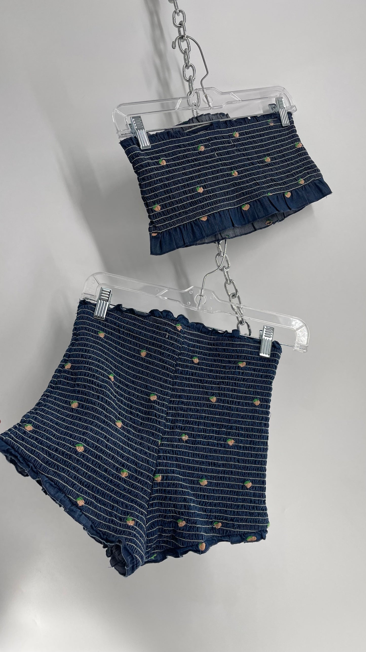 Urban Outfitters Denim 2 Piece Tube Top and Shorts Set with Embroidered Fruit (L Top S Bottoms)