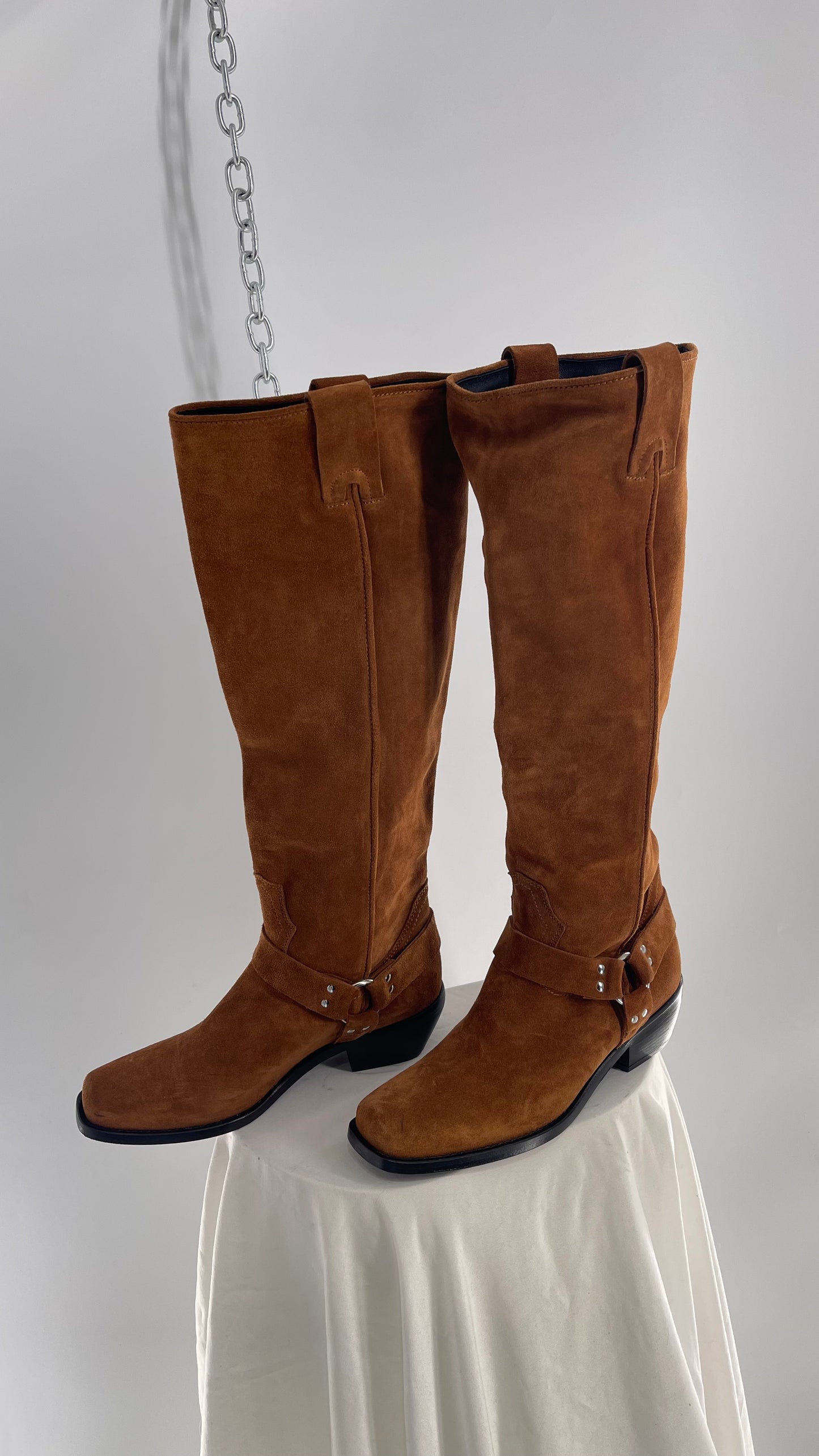 Free People Lockhardt Harness Thick Suede Leather Square Toe Knee High Boot (37)