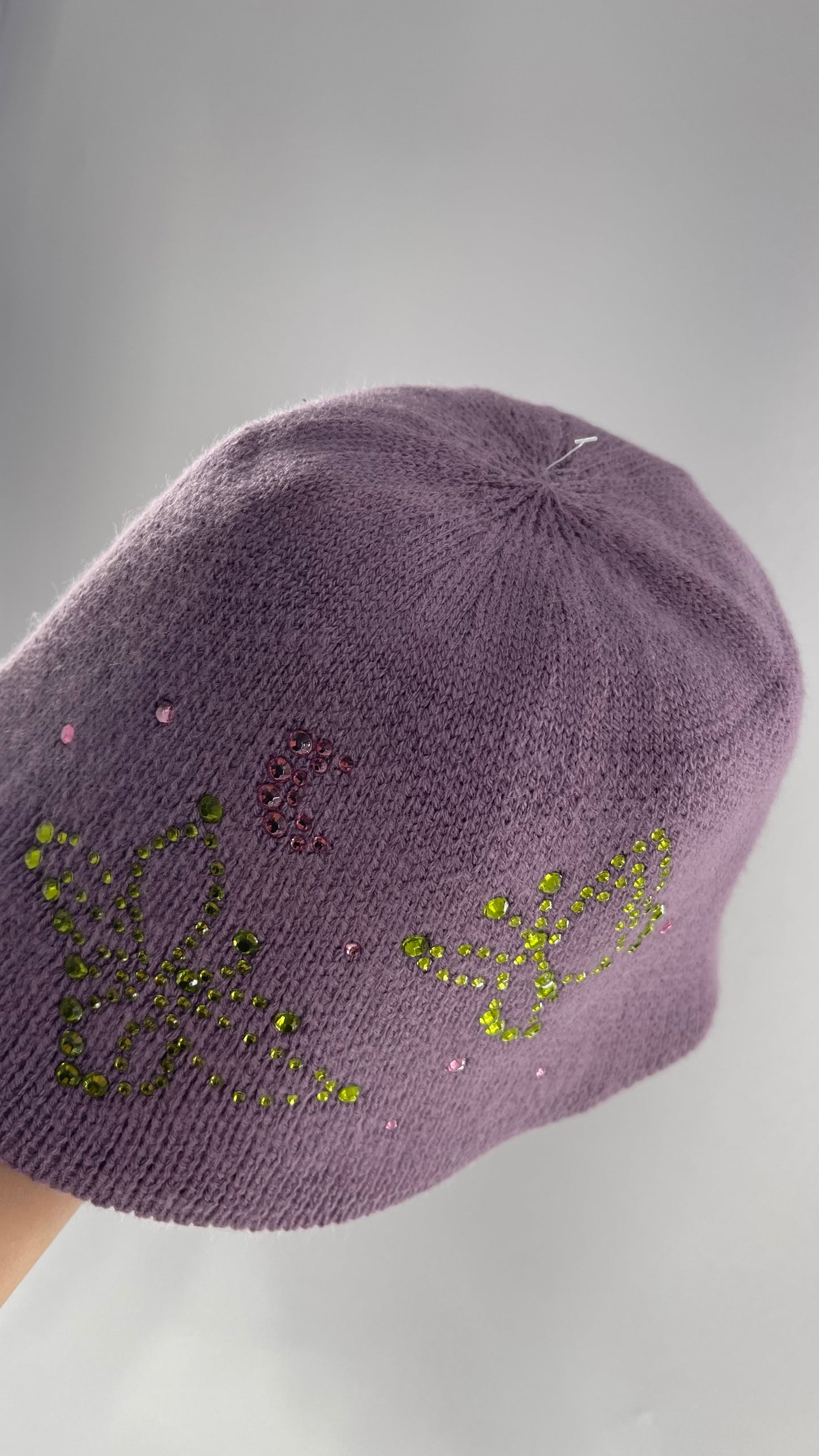 Urban Outfitters Lavender/Lilac Purple Knit Bucket Hat with Rhinestone Butterfly Details