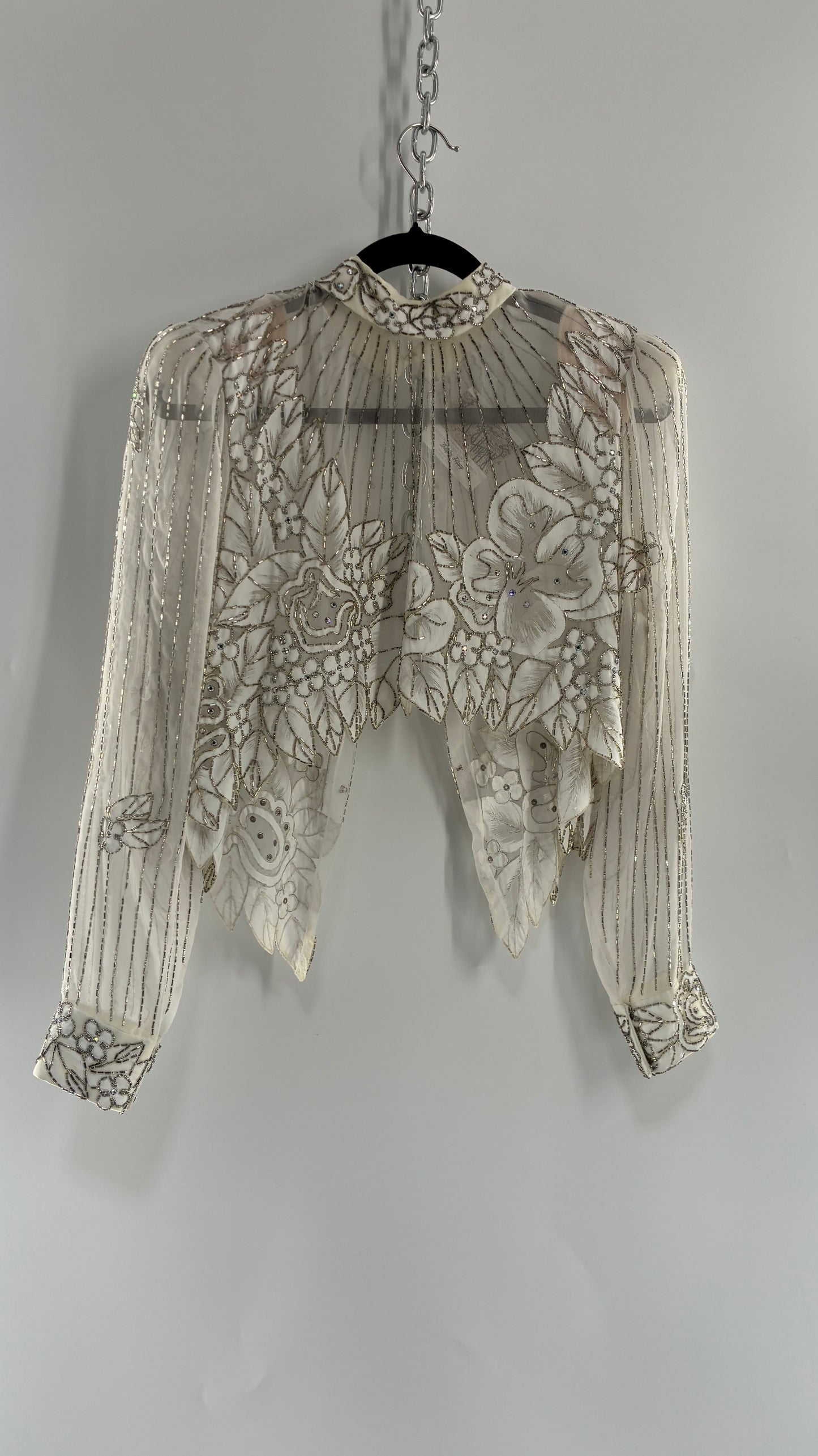 Vintage Sheer White Bridal Beaded Open Back Floral Blouse with High Neck (Medium)