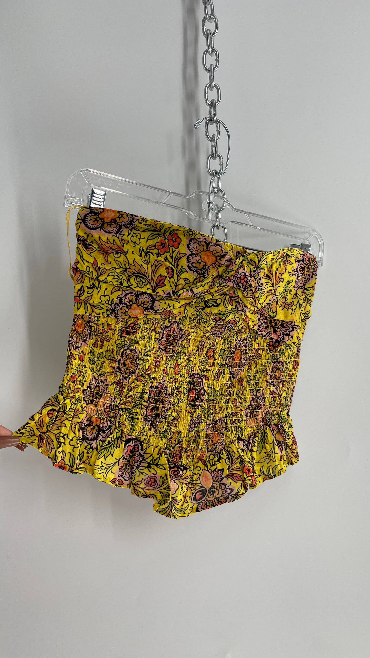 Free People Smocked Ruched Bust Yellow Floral Tube Top  (XS)
