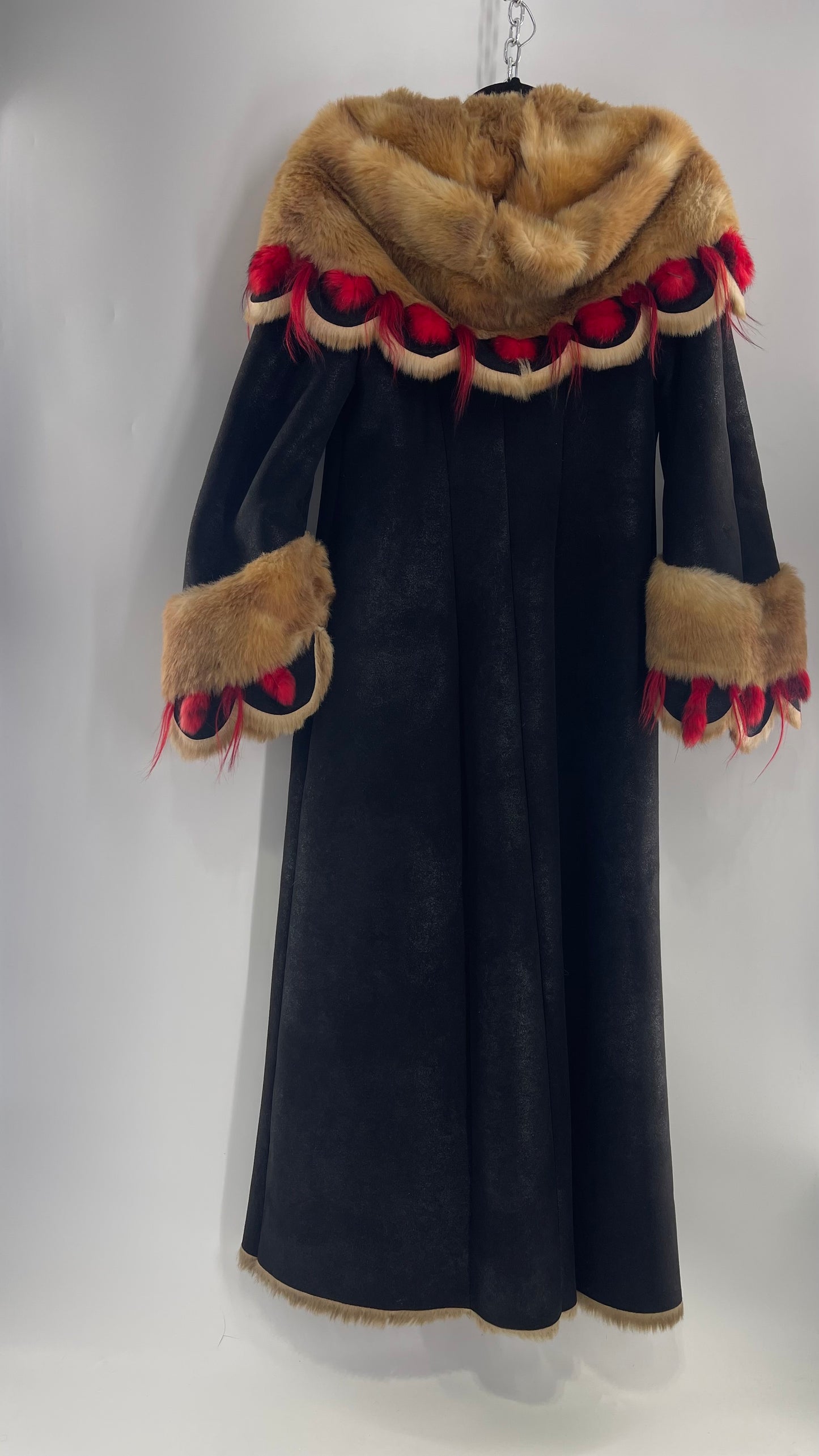 Vintage Russian Black Coat with Brown Fur Piping/Lining, Red Feathers, Scalloped Sleeve, and Hood (Medium)