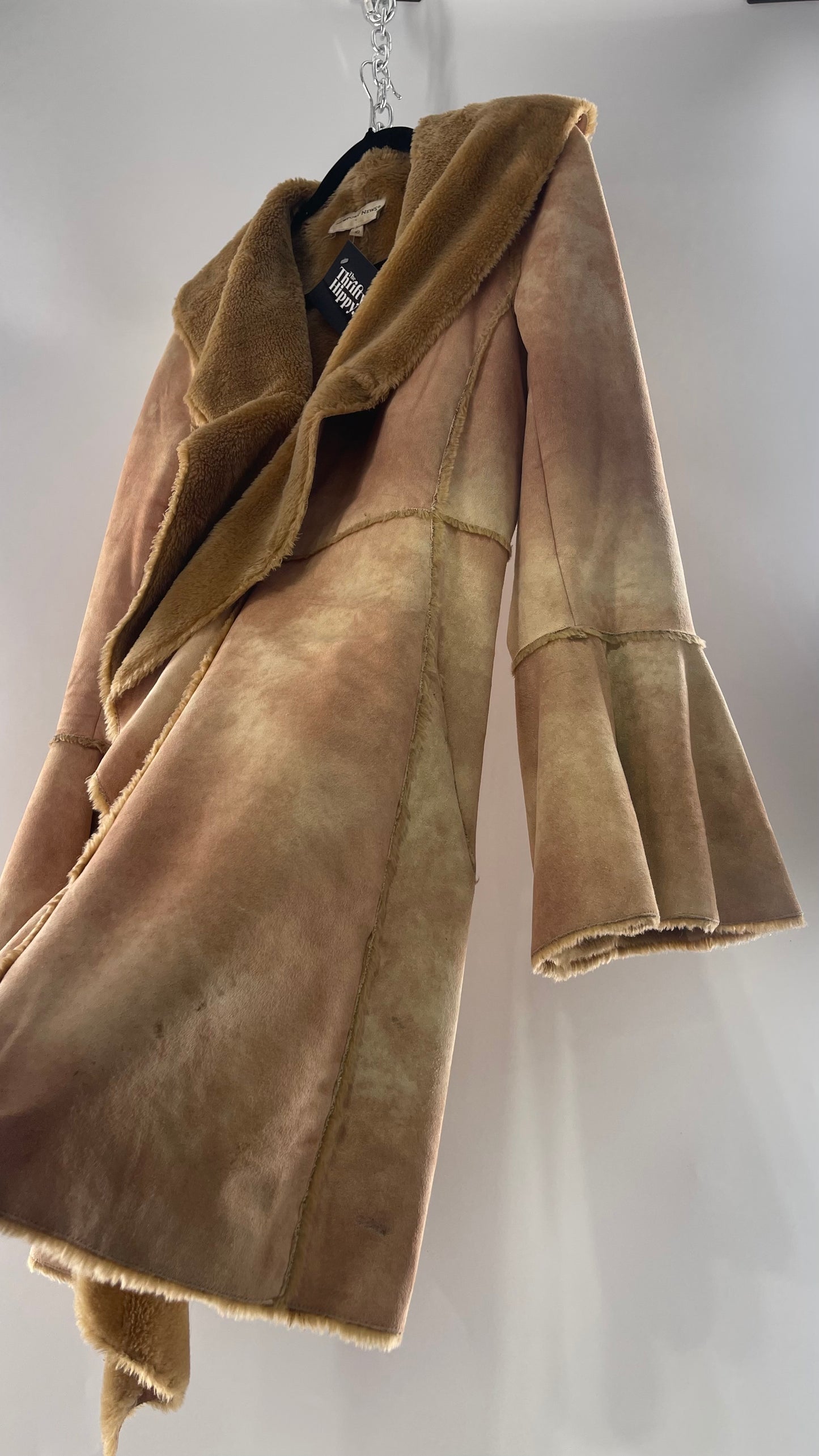 Newport News Tan Faux Suede Coat with Bell Sleeves and Ruffled, Draping Closure  (C) (10)