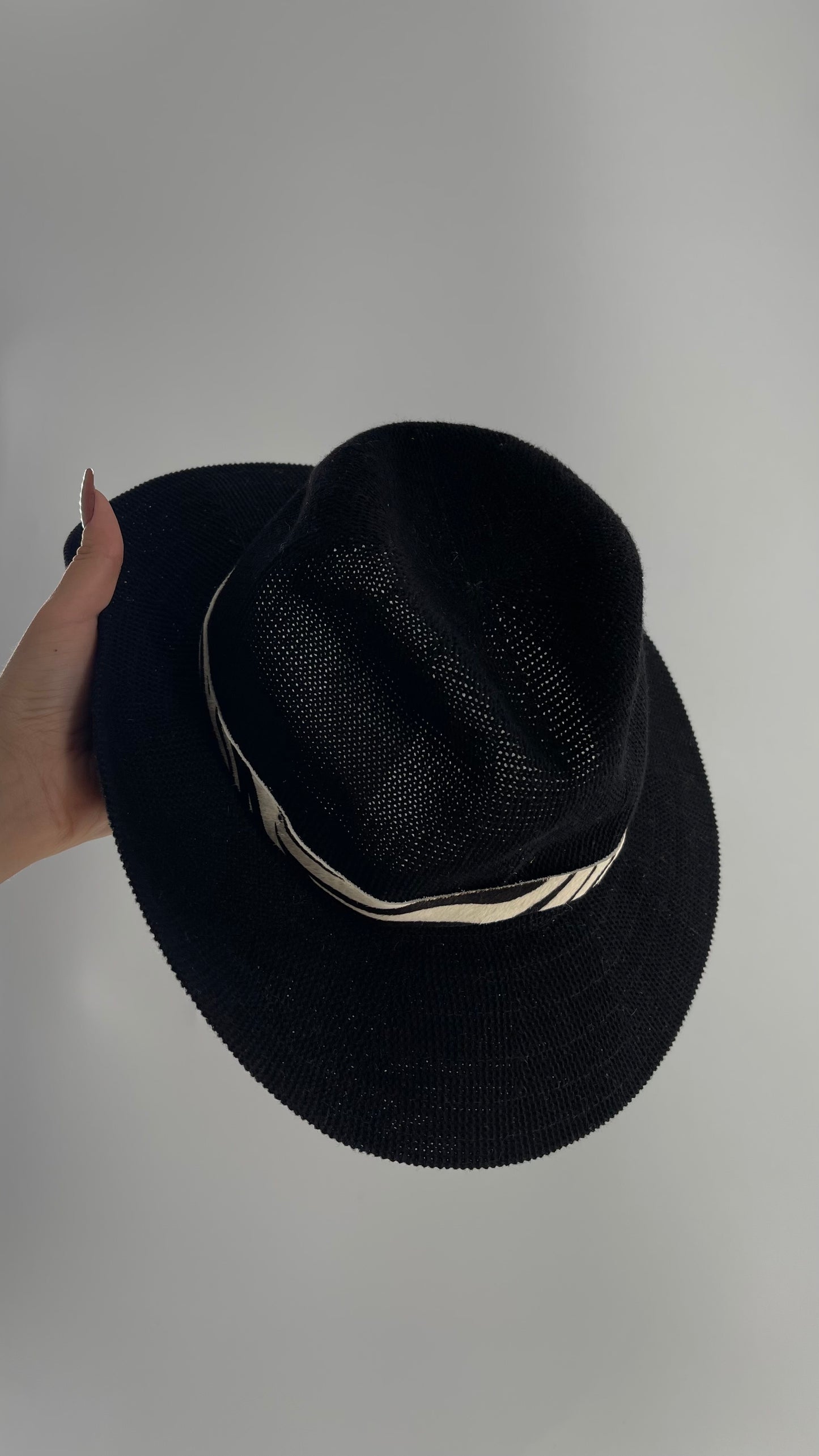 Free People Black 55% Cotton Woven Sun Hat with Textured Fur Belt