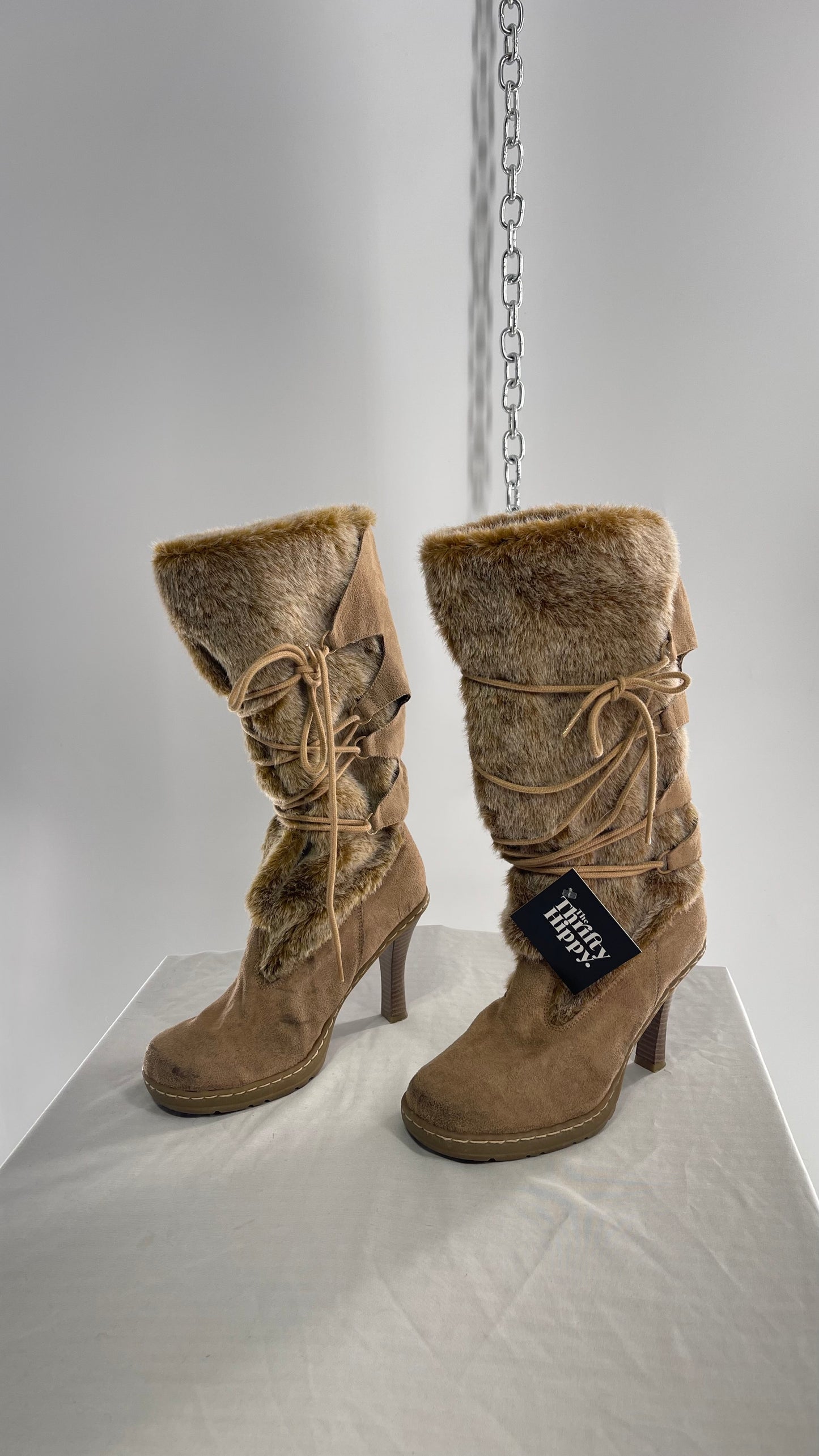 Vintage Round Toe Faux Fur Booties with Tie Up Details (7.5)