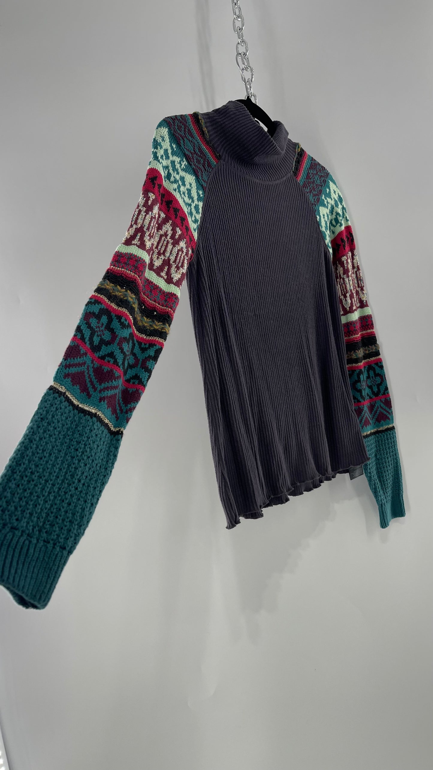 Free People Grey Cozy Knit with Colorful Patterned Knit Sleeves (Small)