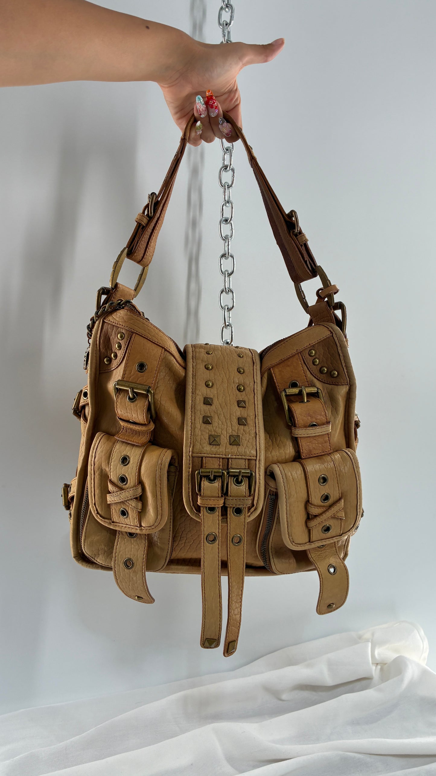 Rare Vintage BETSEY JOHNSON Heavy Leather, Oversized Shoulder Bag with Leopard Lining
