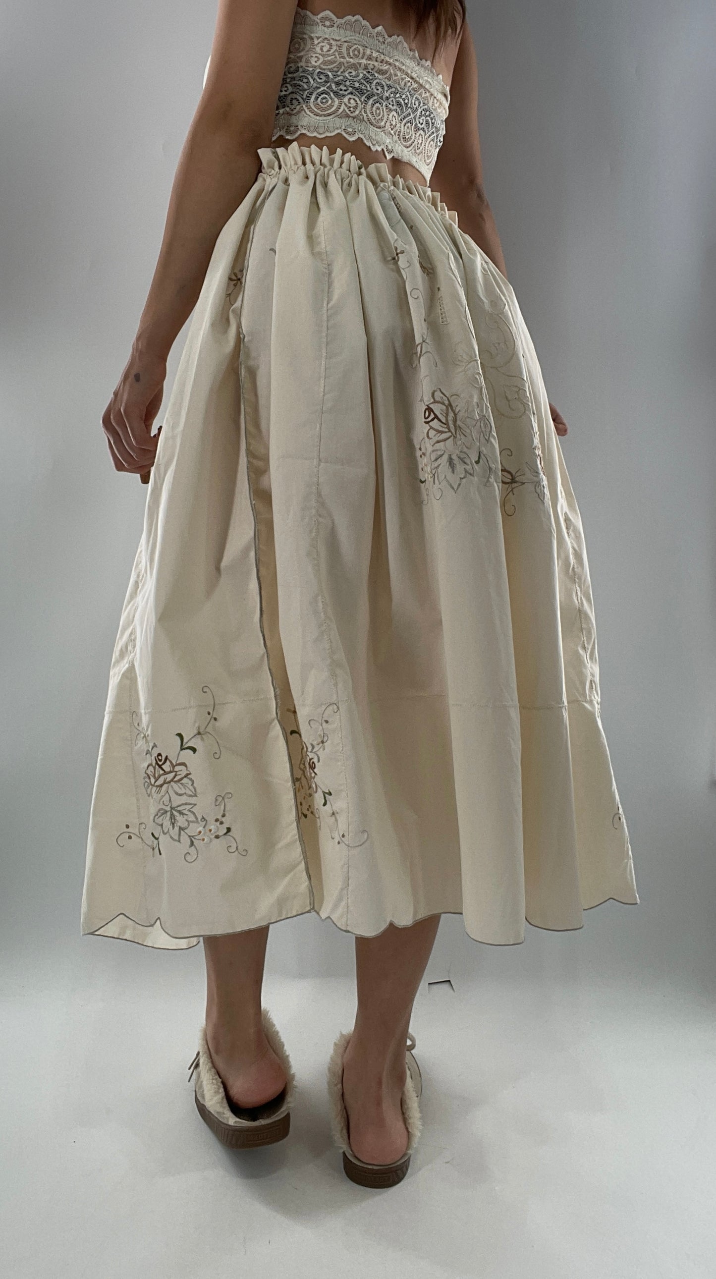 Custom Handmade Vintage Embroidered Off White Soirée Skirt (One Size)