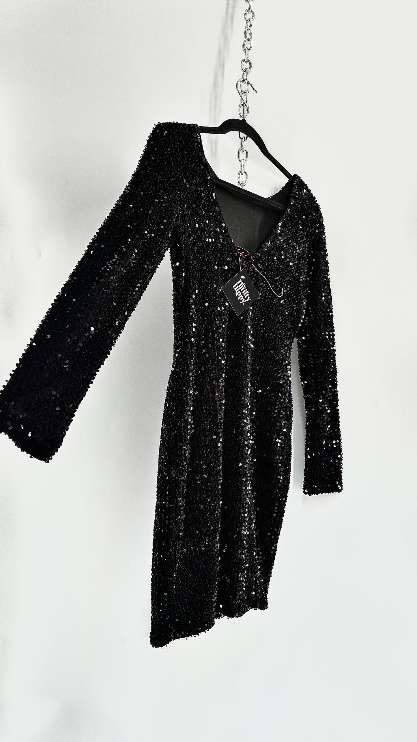 MOTEL Black Thick Velour and Sequin Long Sleeve Bodycon Mini Dress (Medium)