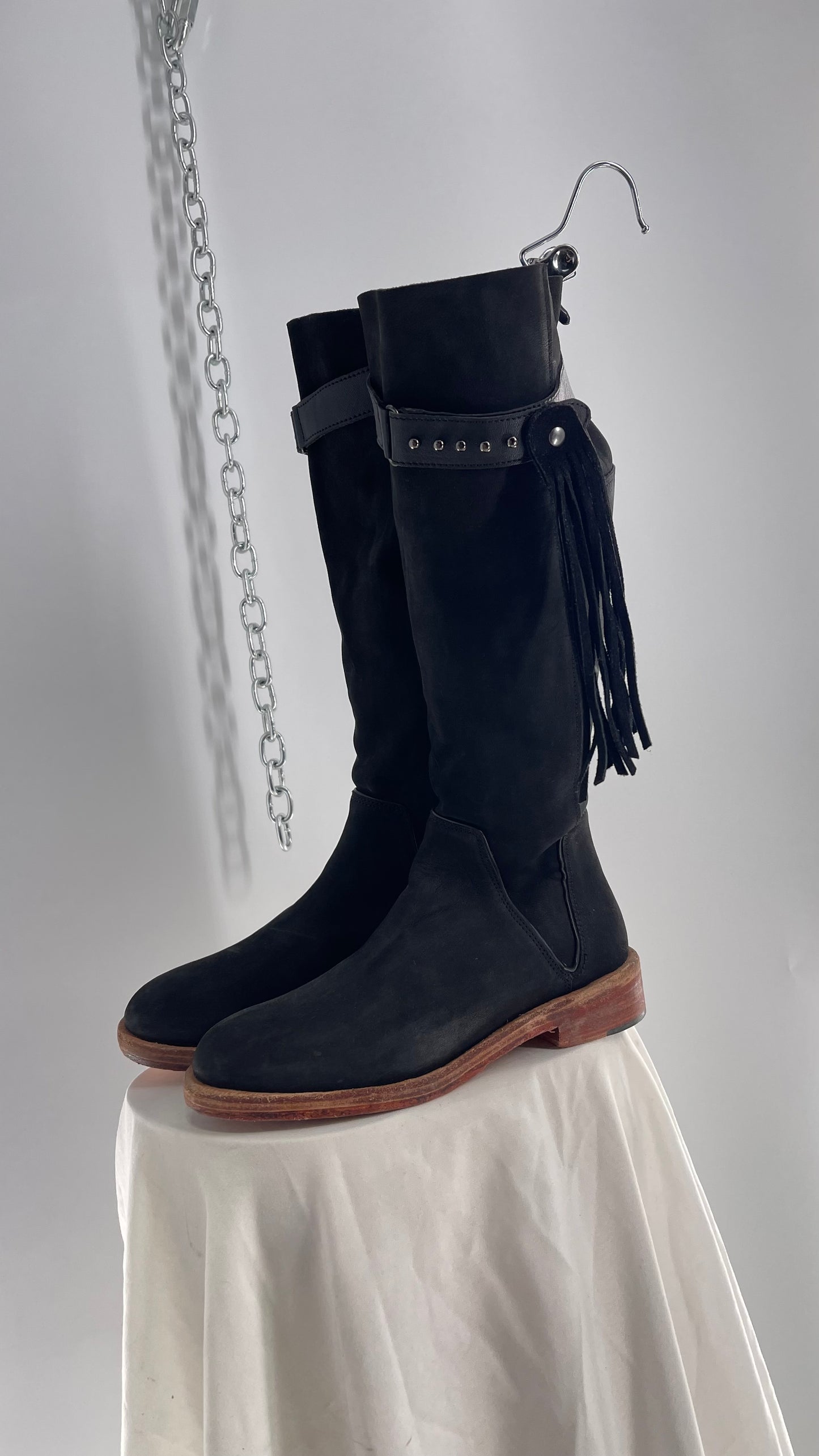 Free People Sayre Banks Slouchy Black Suede Leather Knee High Tassel Side Buckle Boot  (38)