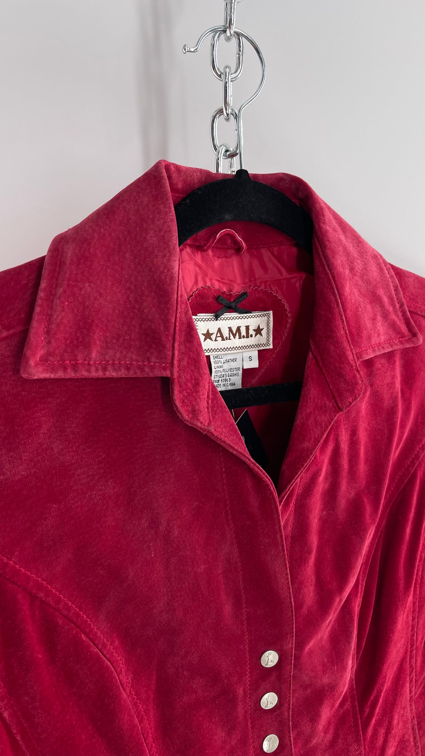 VINTAGE A.M.I Raspberry Red Suede Leather Slim Waist Metal Button Front Jacket (Small)