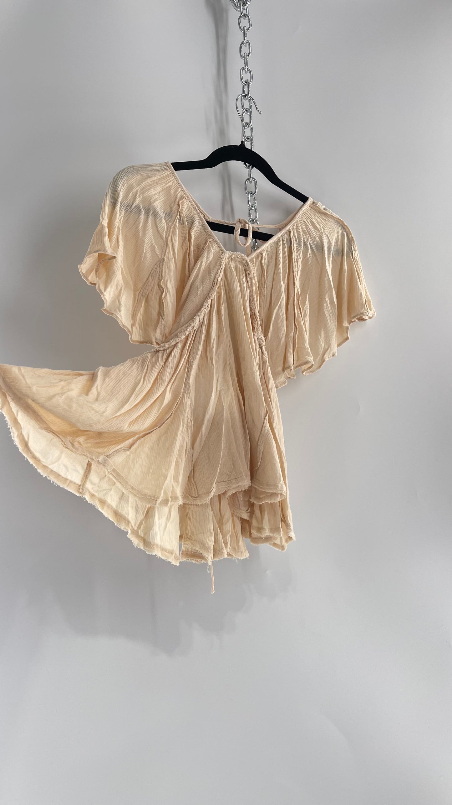 Free People Beige Open Back Drape Sleeve Blouse (XS)