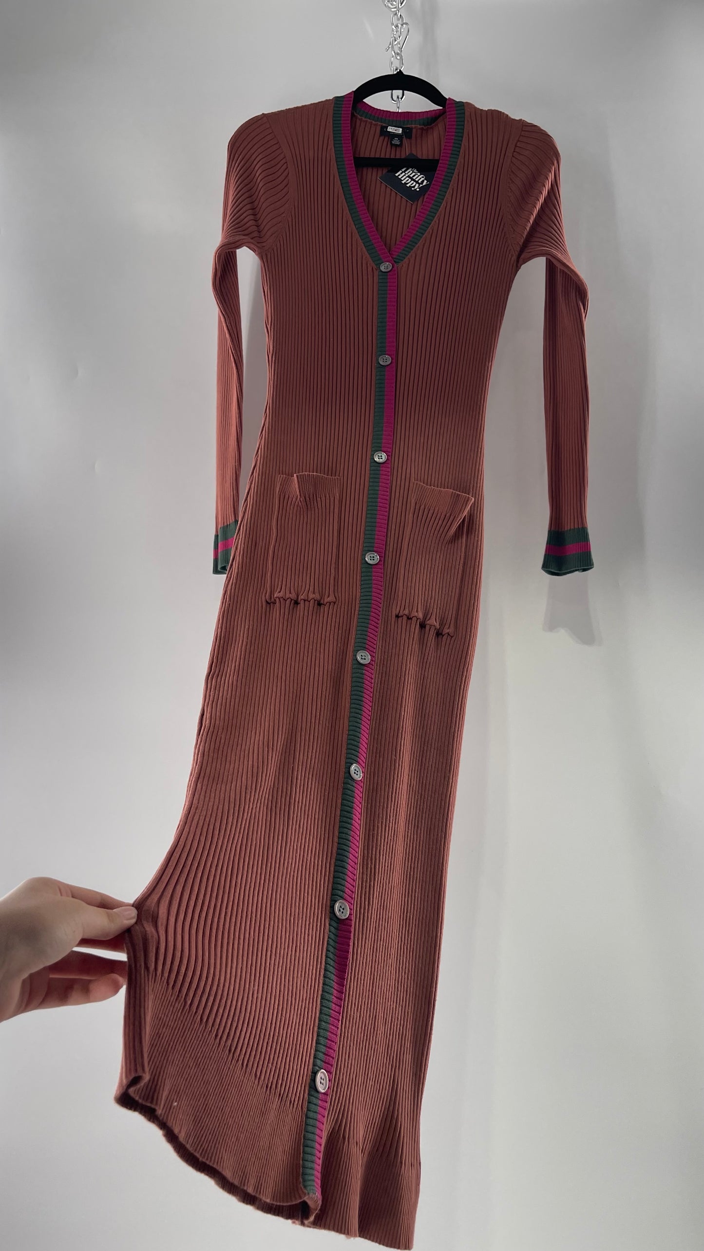 Current Air Los Angeles Brown Ribbed Knit Long Sleeve Button Front Dress with Fuchsia and Forest Green Striping (XS)