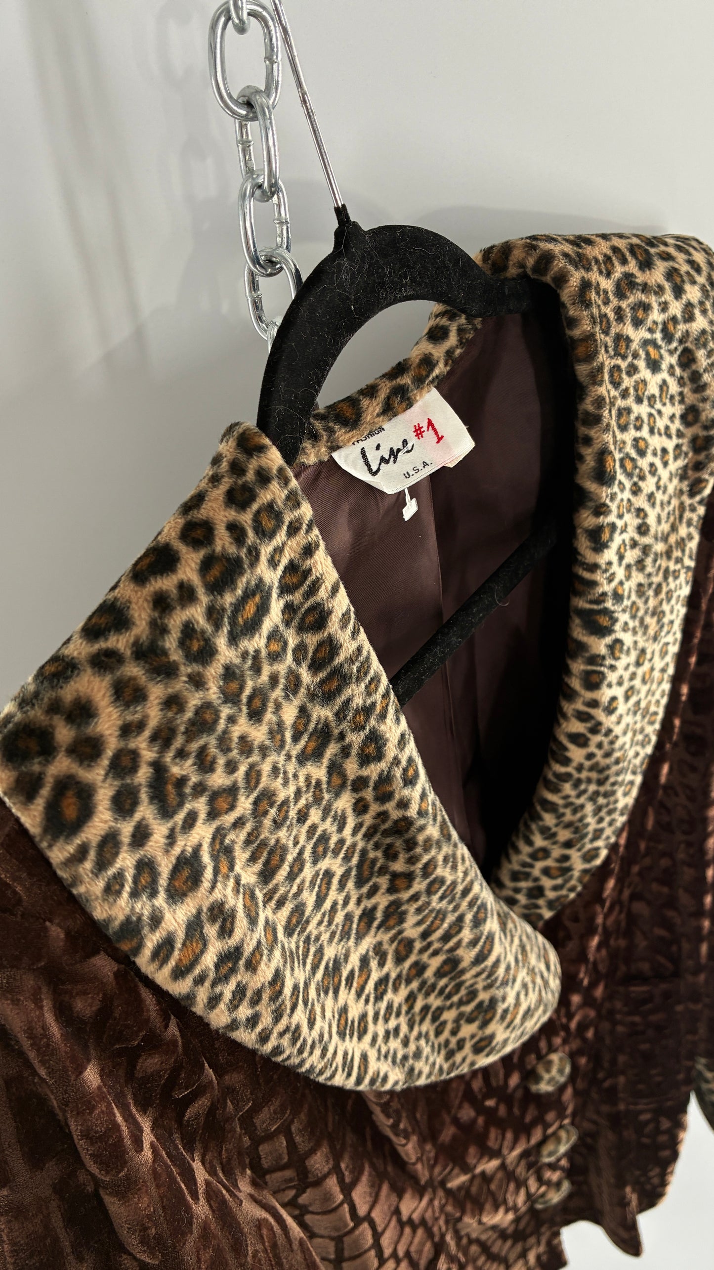 Vintage LINE #1 1990s Cheetah Print Velour Overcoat with Collar, Cuffs, and Oversized Buttons (XL)