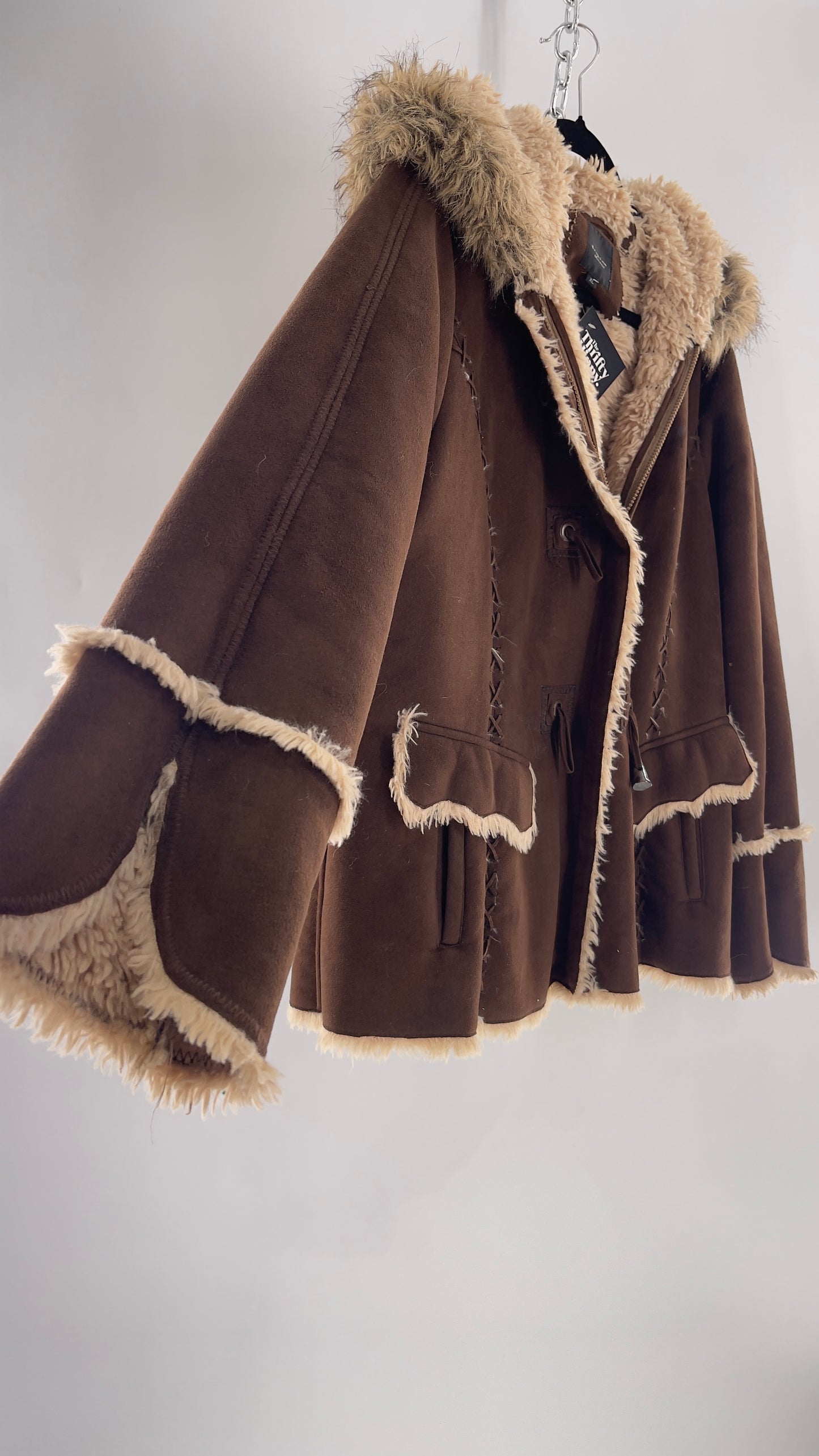 Vintage Braetan Brown Zip Up Coat with Contrast Fur Trim (C) (XL)