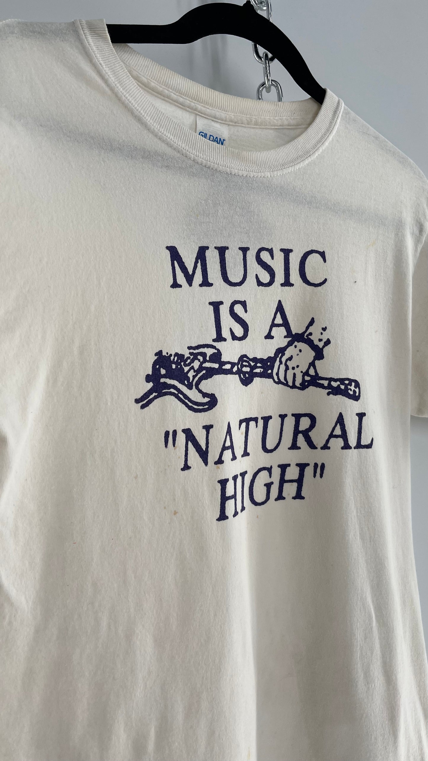 Vintage 1980s White T with Purple Music is a Natural High Font (Small)