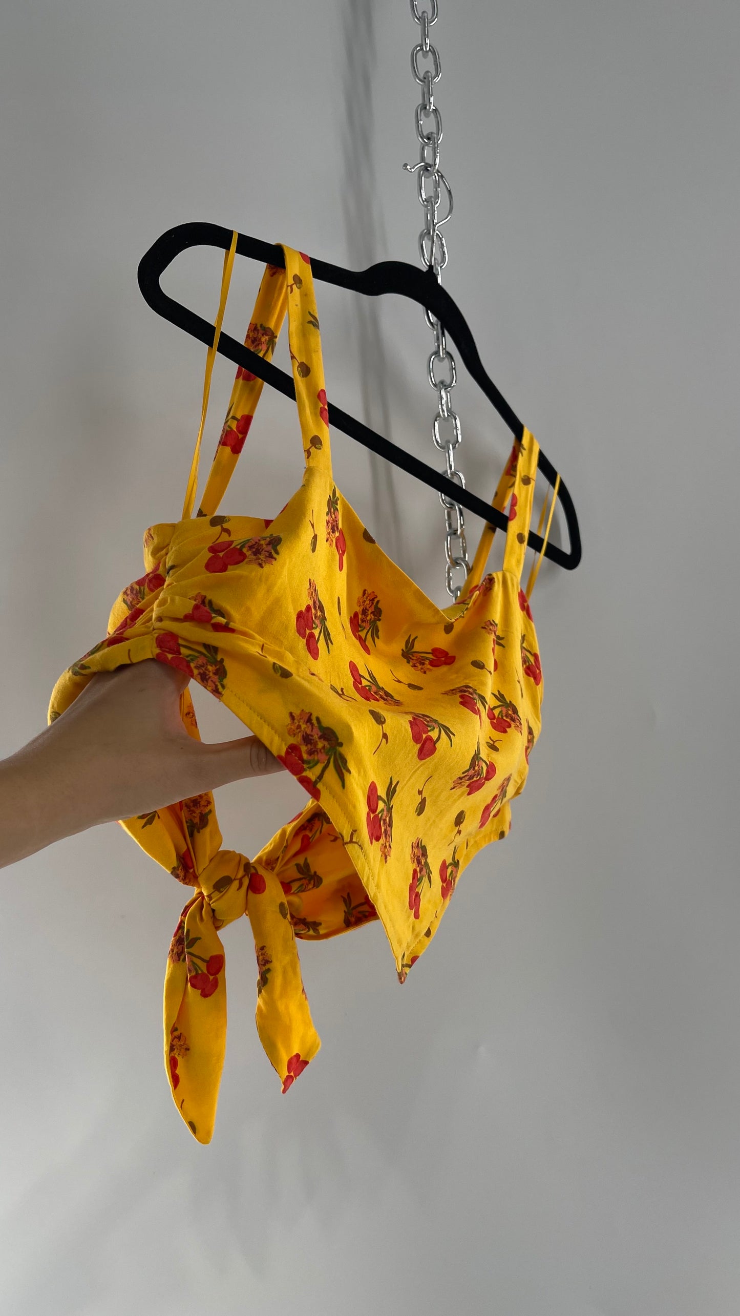 Urban Outfitters Yellow Cherry Printed Crop with Tie Back Top (XS)