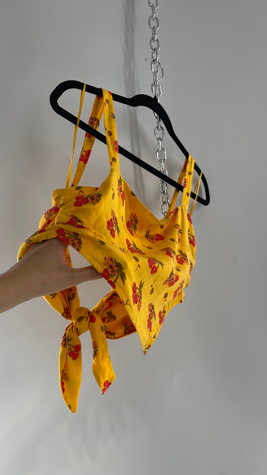Urban Outfitters Yellow Cherry Printed Crop with Tie Back Top (XS)