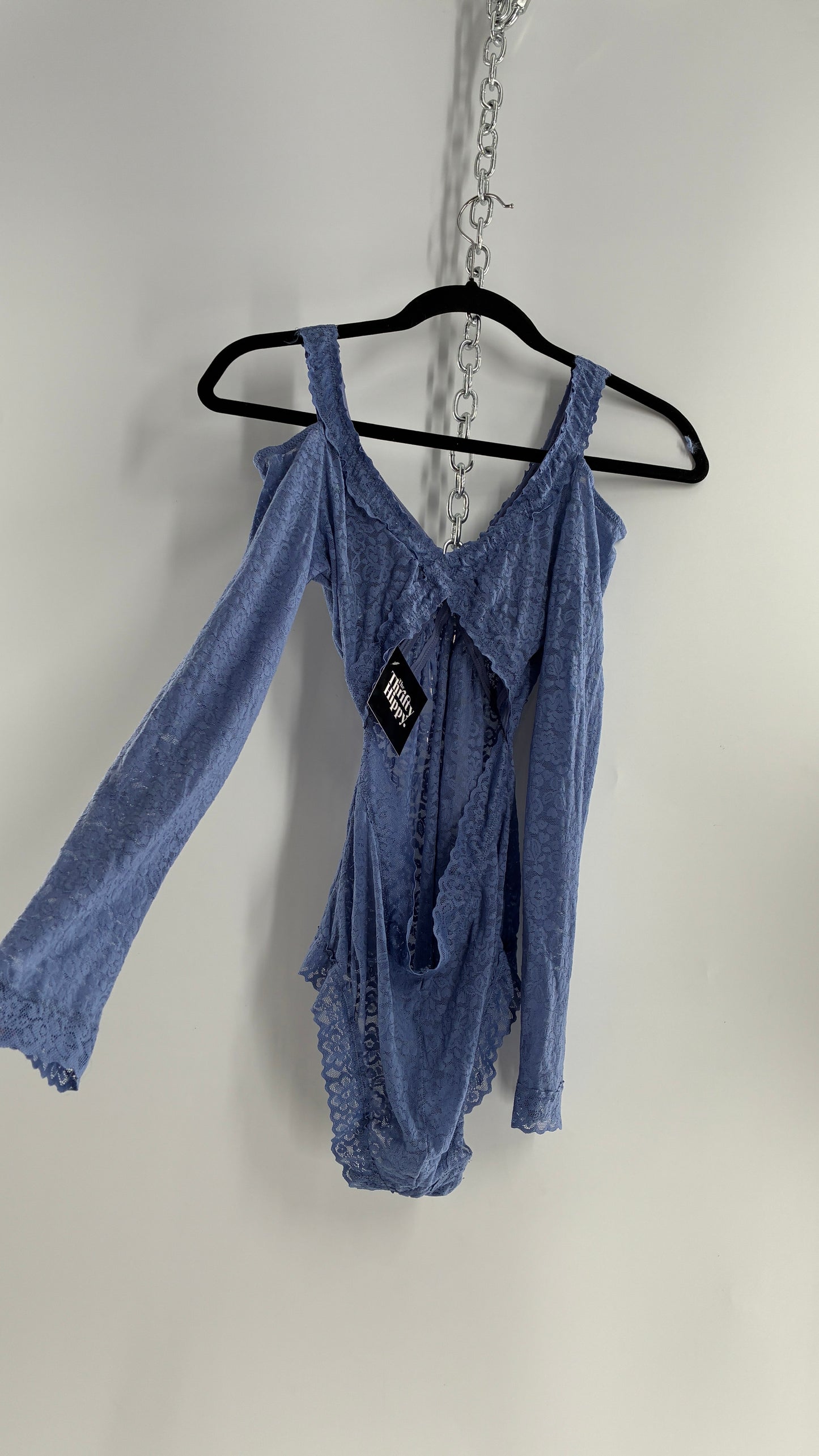 AERIE Periwinkle Blue Long Sleeve Cold Shoulder Open Back Lace Bodysuit (Large)