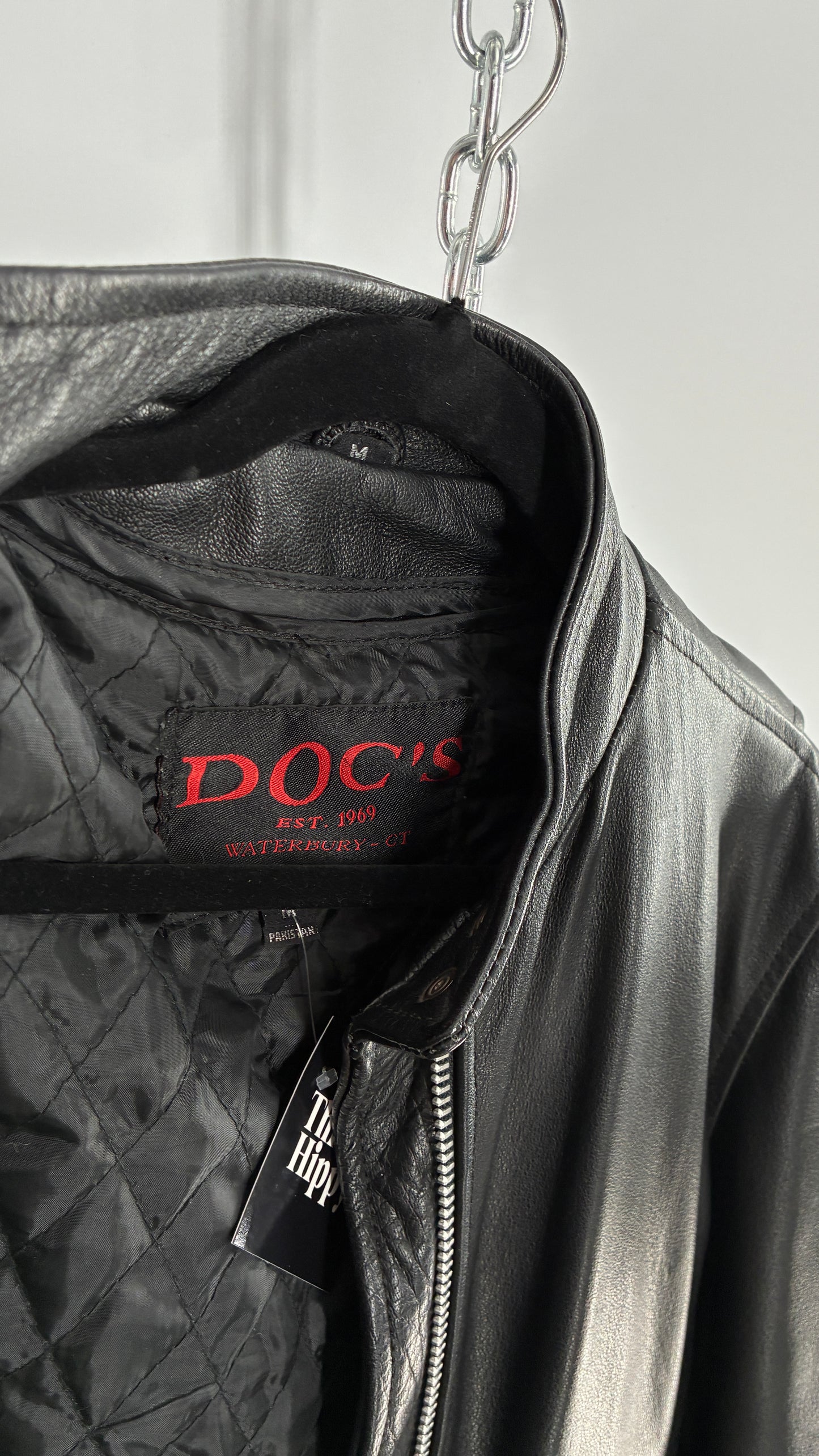 Vintage DOC’s Black Thick Leather Jacket with Removable Quilted Lining, Zippered Sides and Heavy Metal Details (Medium)