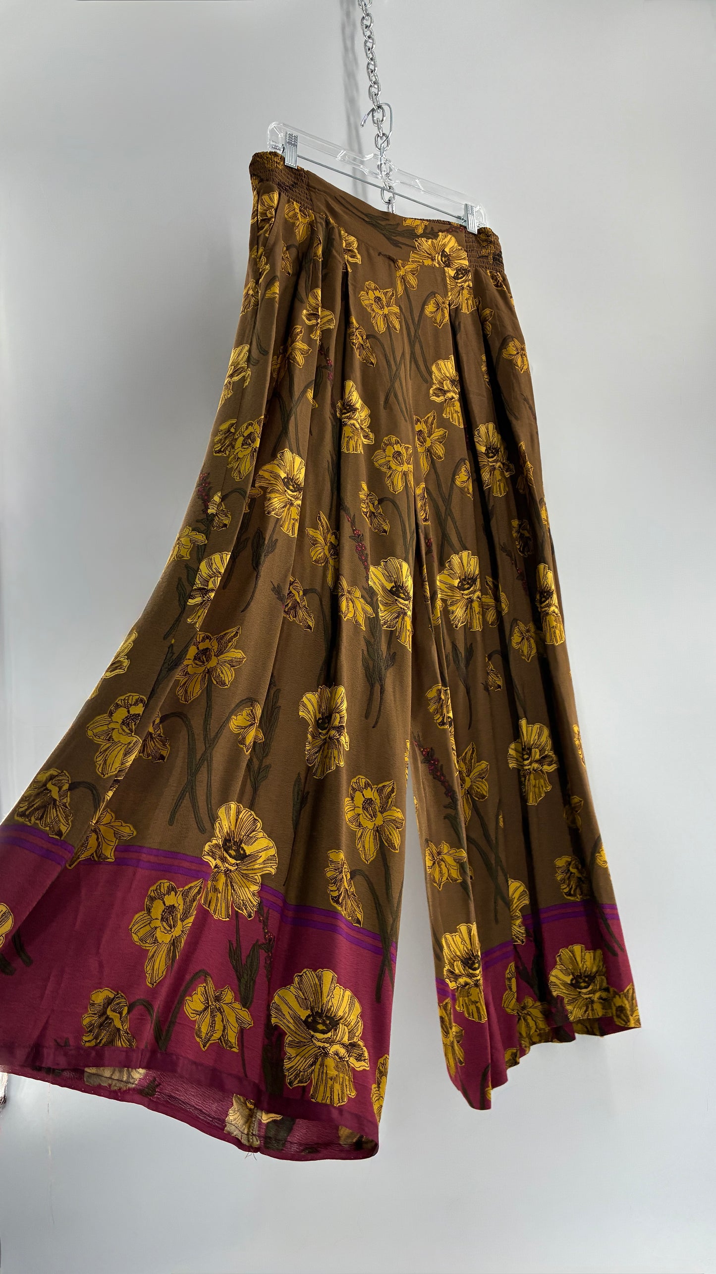 Anthropologie MAEVE Mustard Wide Leg Pants with Mauve Hemline and Floral Pattern (12P)