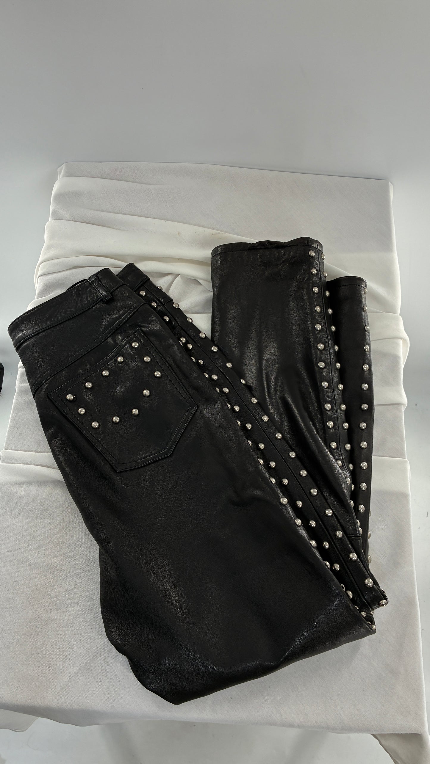 Vintage DKNY Genuine Leather Black Hip to Hem Studded Straight Legs (12)