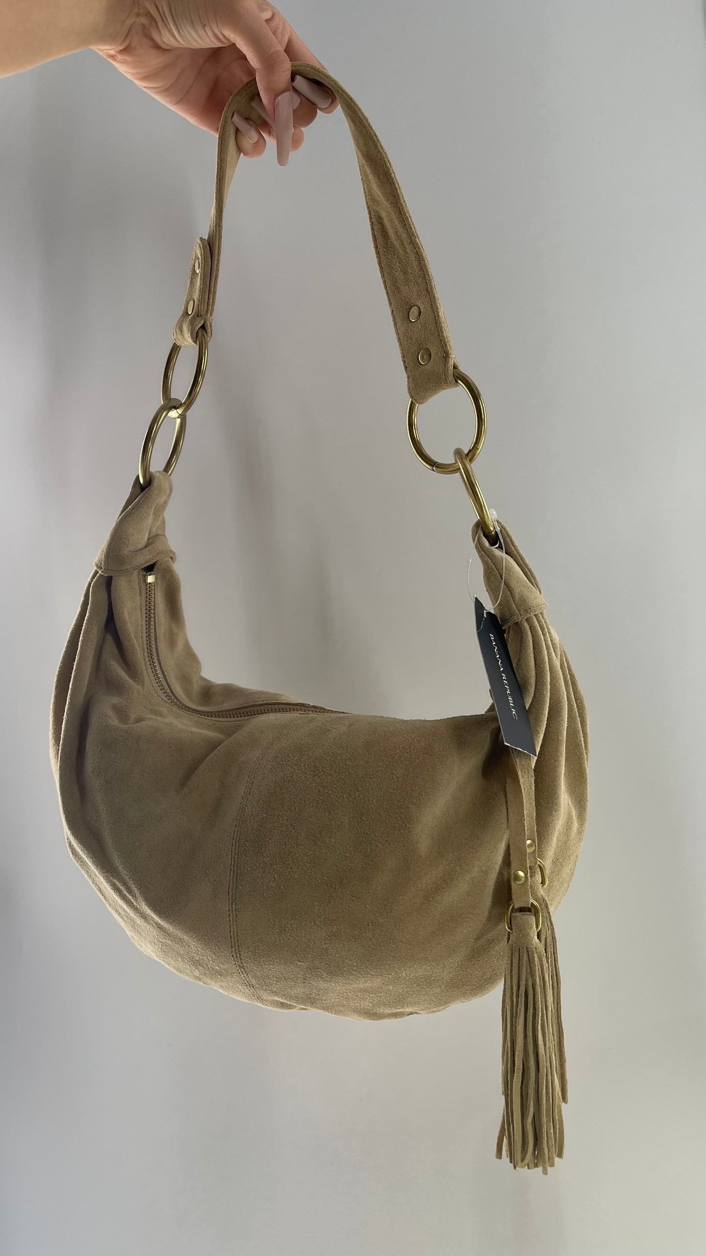 Vintage Banana Republic Genuine Suede Saddle Bag with Tassel Zipper Pull and Tags Attached