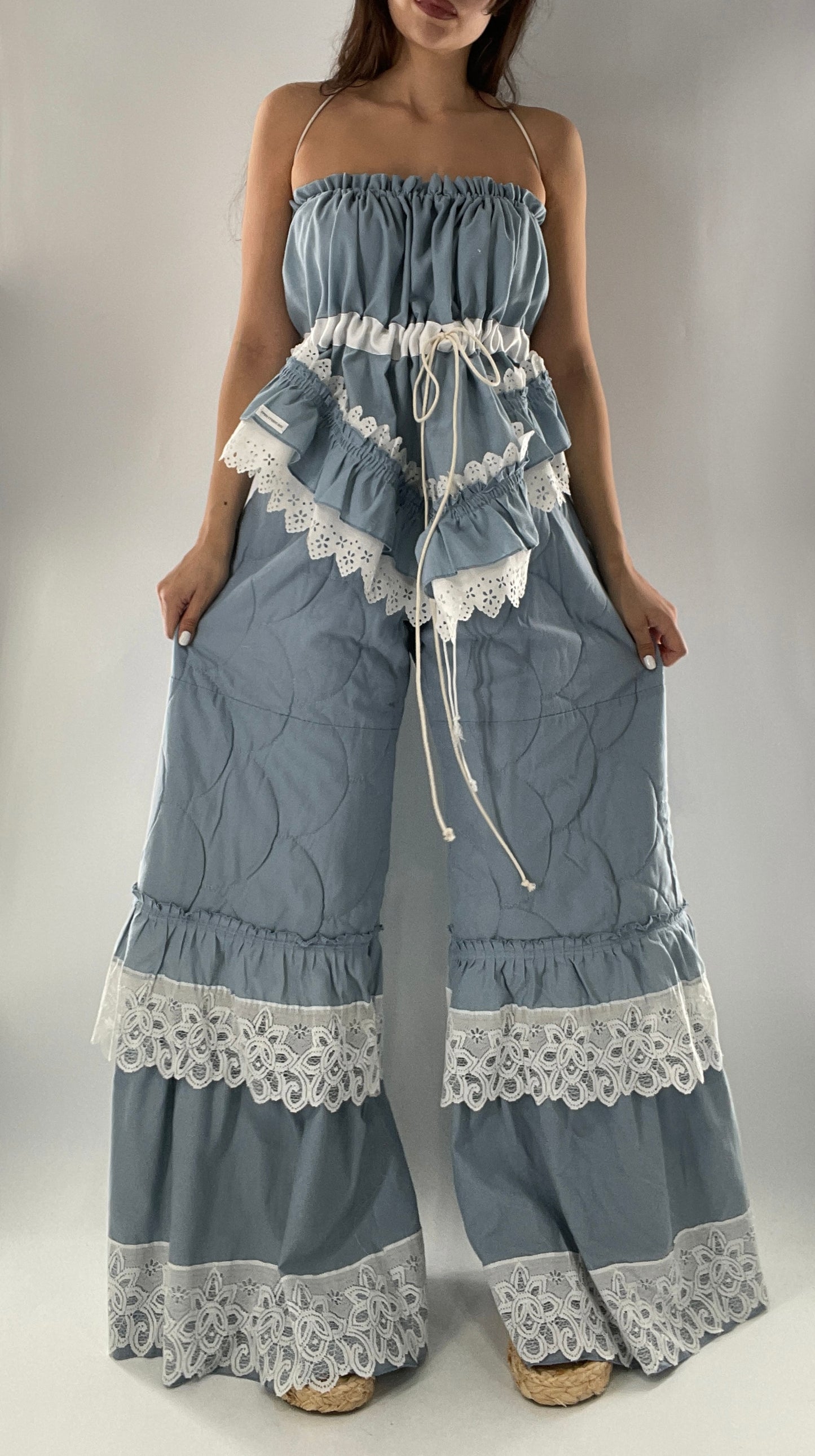 Vintage 2 Piece Powder Blue Set Featuring 2Way Blouse and Quilted Trousers Covered in Ruffles, Lace and Trim (One Size)