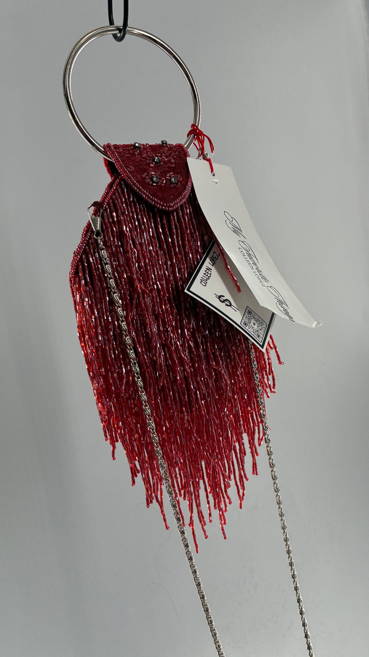 Deadstock Vintage COLLEEN LOPEZ Beaded Red Fringe Purse with Tags Attached
