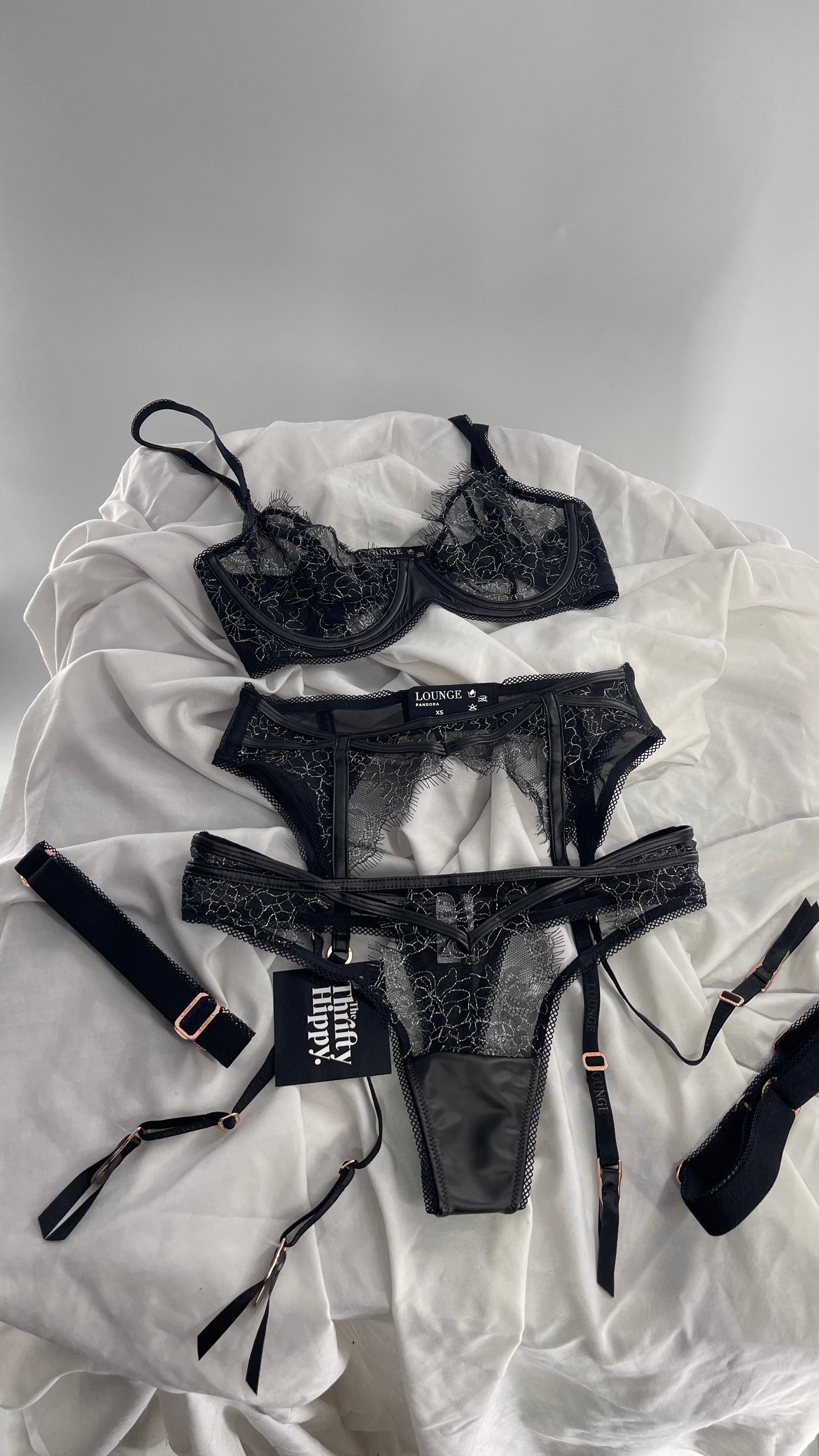 LOUNGE Black and Silver Lace Pandora Bra, Garter, and Panty Set NWOT (32C,XS)