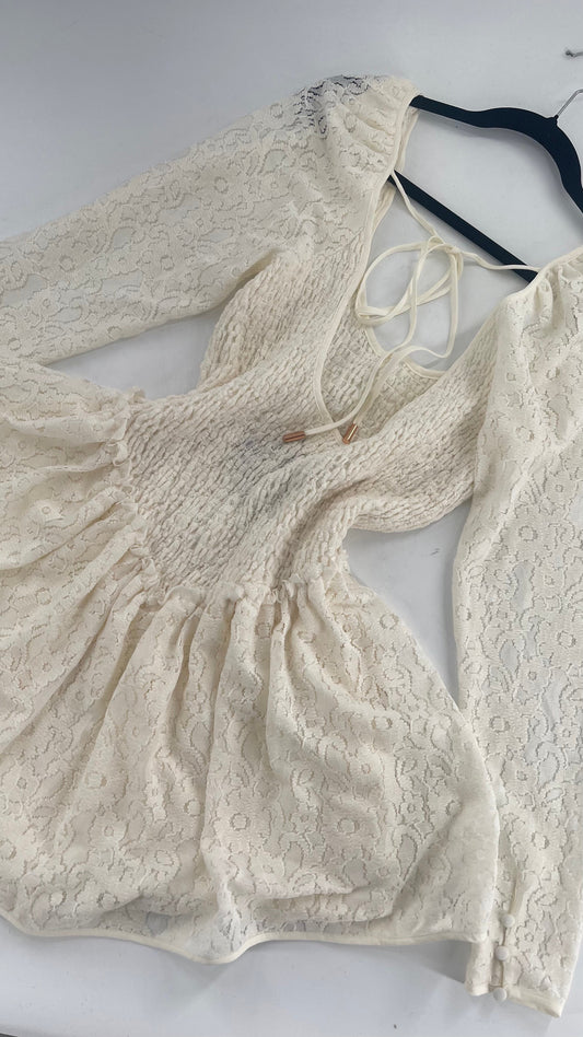 Free People White Velvet Lace Mini Dress (Small)