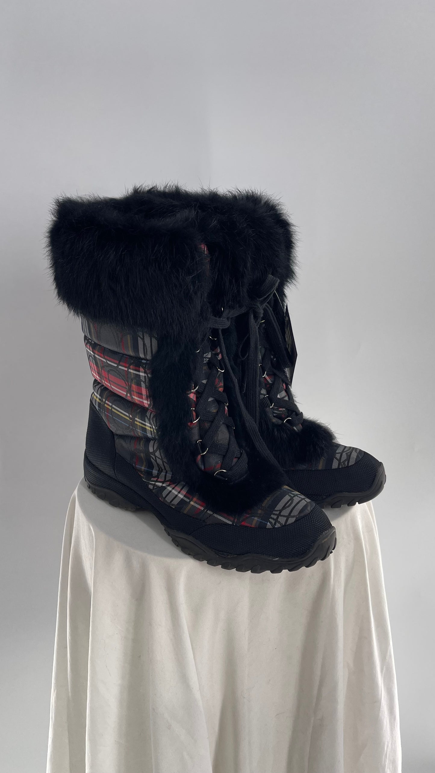 Vintage COACH Jennie Plaid Quilted Logo Patterned Boots with Rabbit Fur Trim  (9)