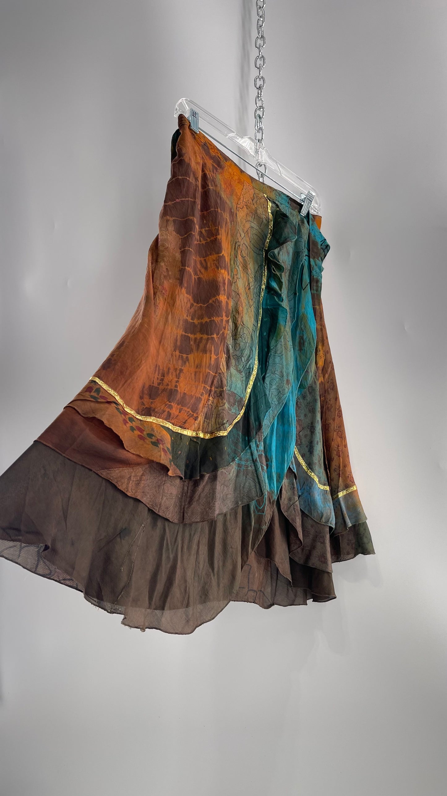 CHIC THING 100% Silk Blue/Brown Tie Dye Tie Around Skirt (S)