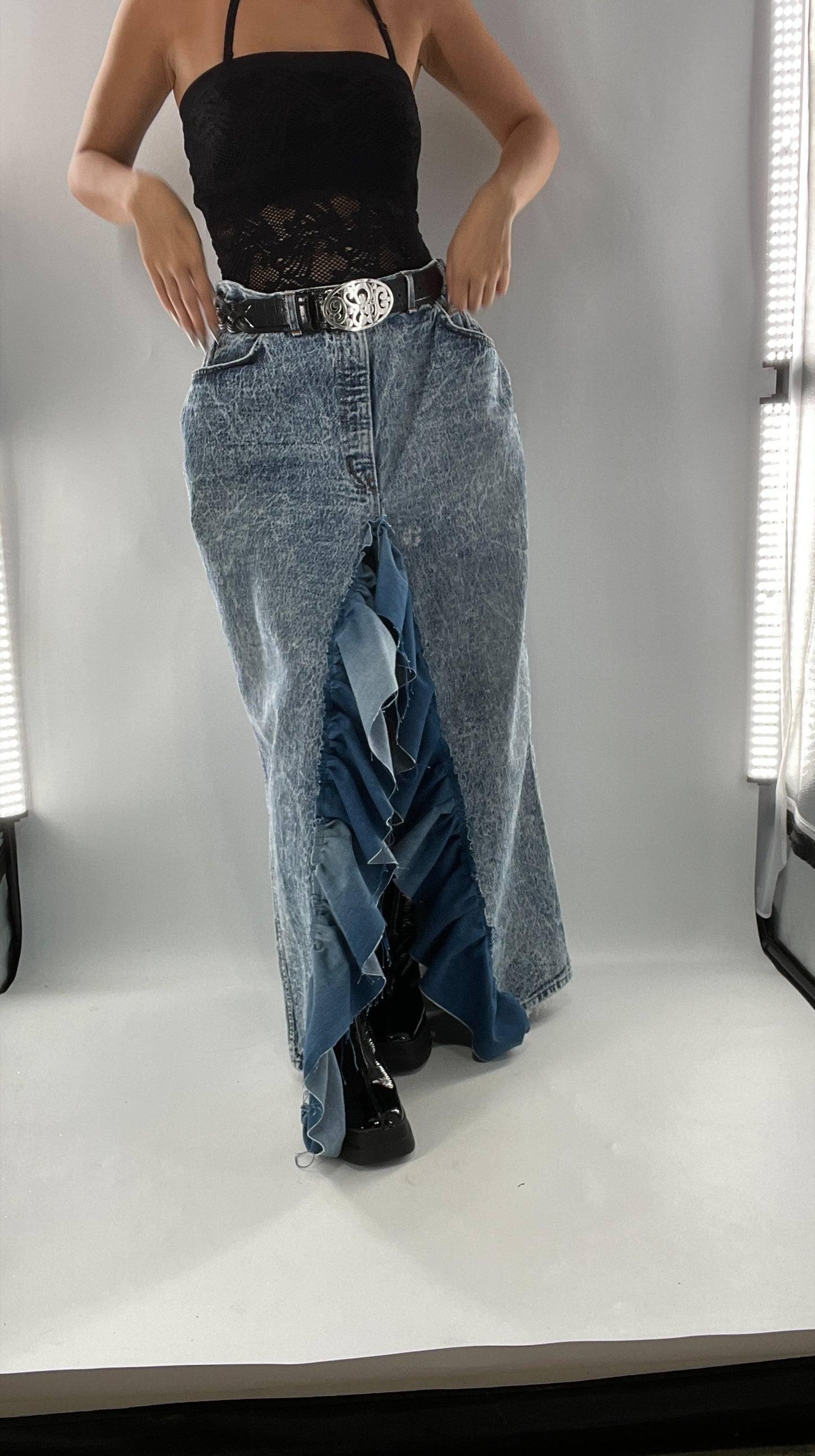 Custom Handmade Acid Wash Denim Slit Front Ruffled Skirt with Bow Bum (Large)