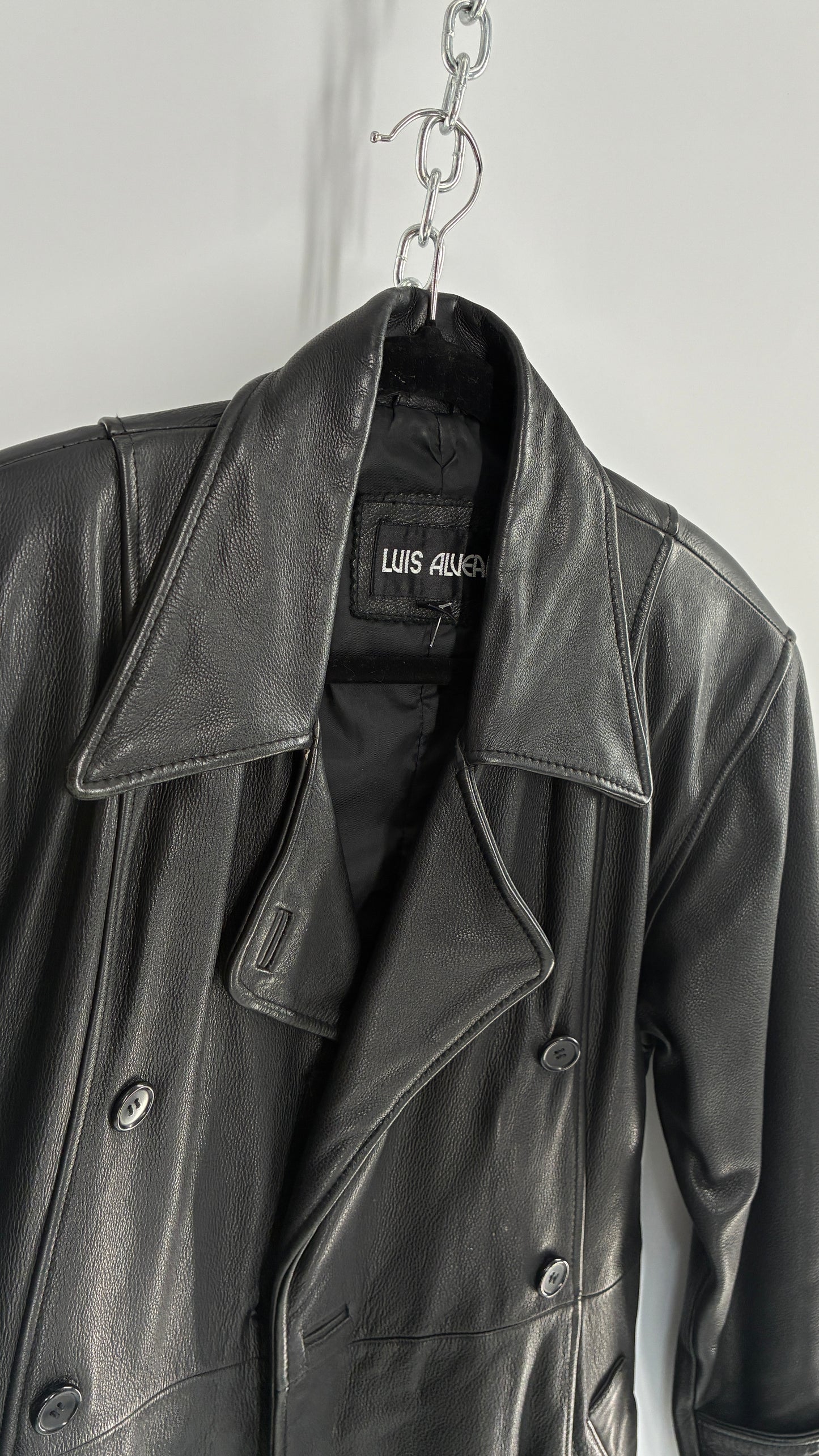 Vintage LUIS ALVEAR Thick Genuine Leather Black Trench Style Jacket (XS)
