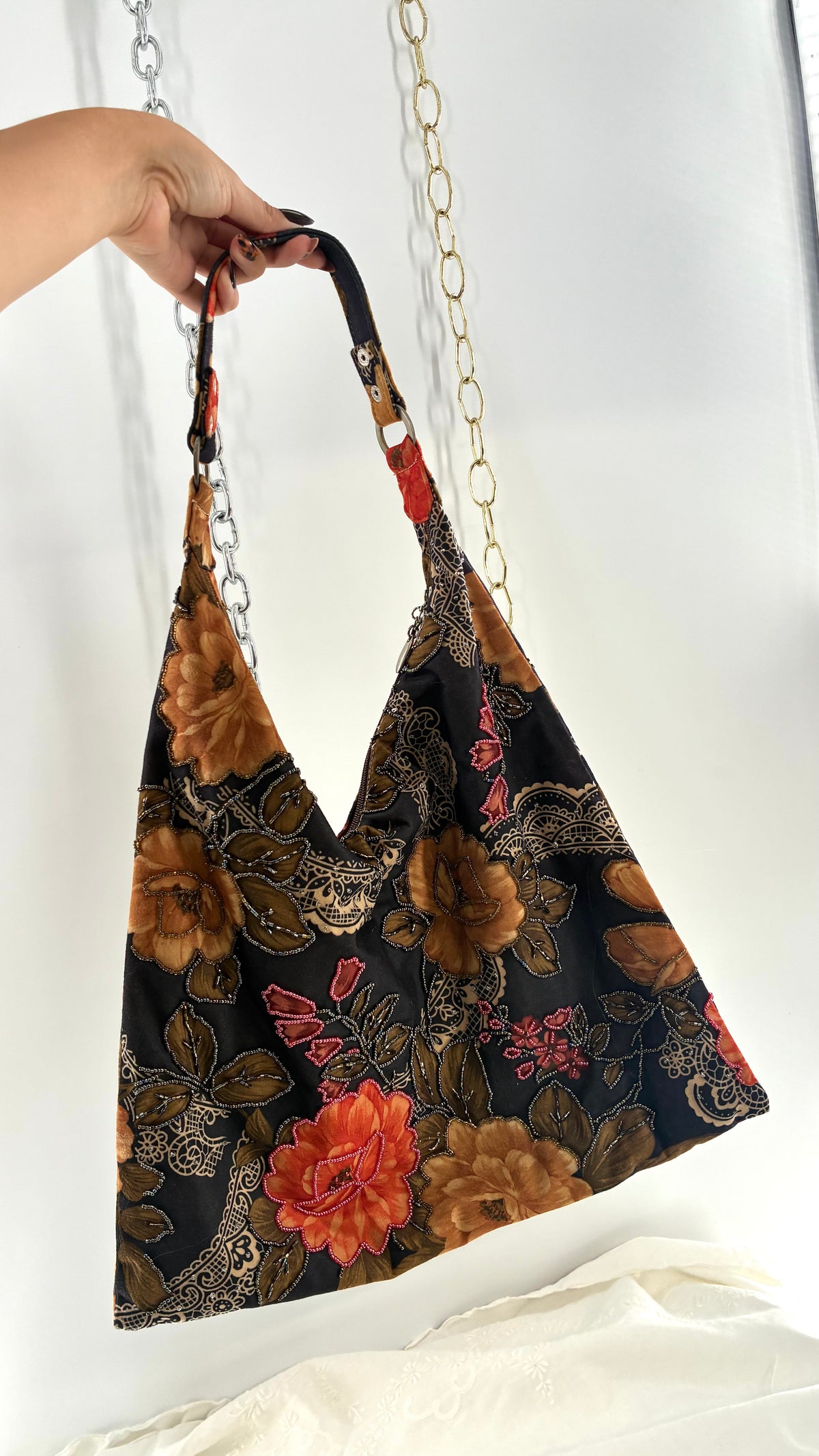 Vintage Brown Floral Paisley Beaded Hobo Shoulder Bag