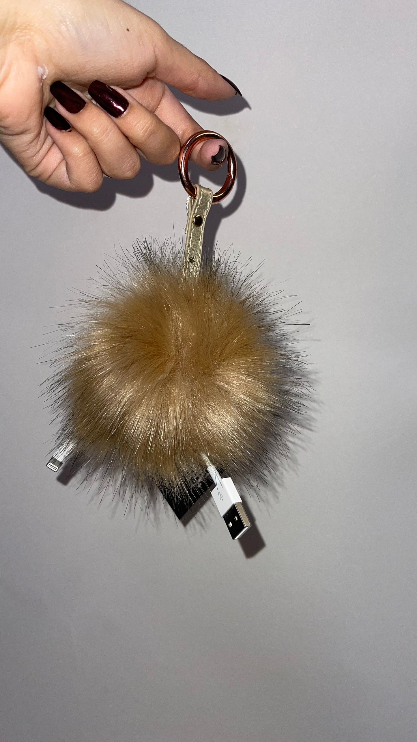 Free People Tan Fur Pom Pom Keychain with Charging Port