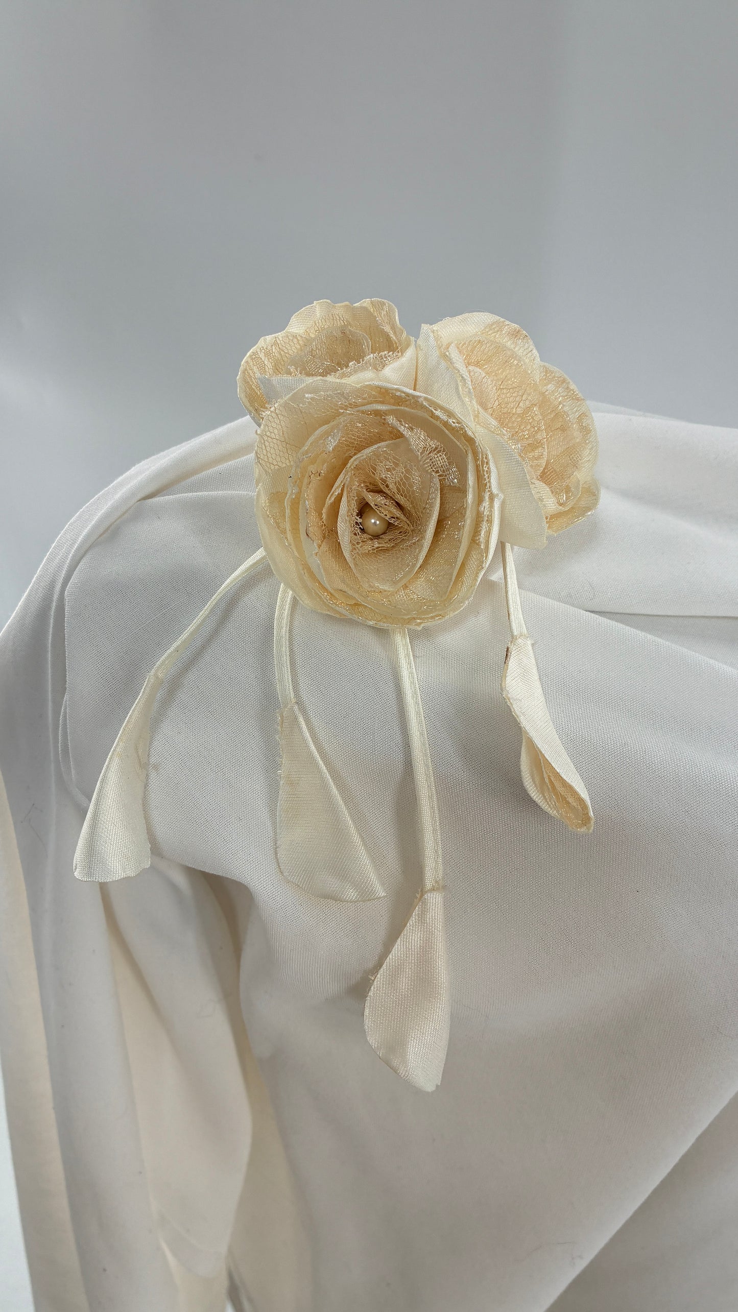 Vintage Brooch Pin: Oversized Rosette Cluster of Handmade Off White Satin and Lace Flowers with Pearl Center