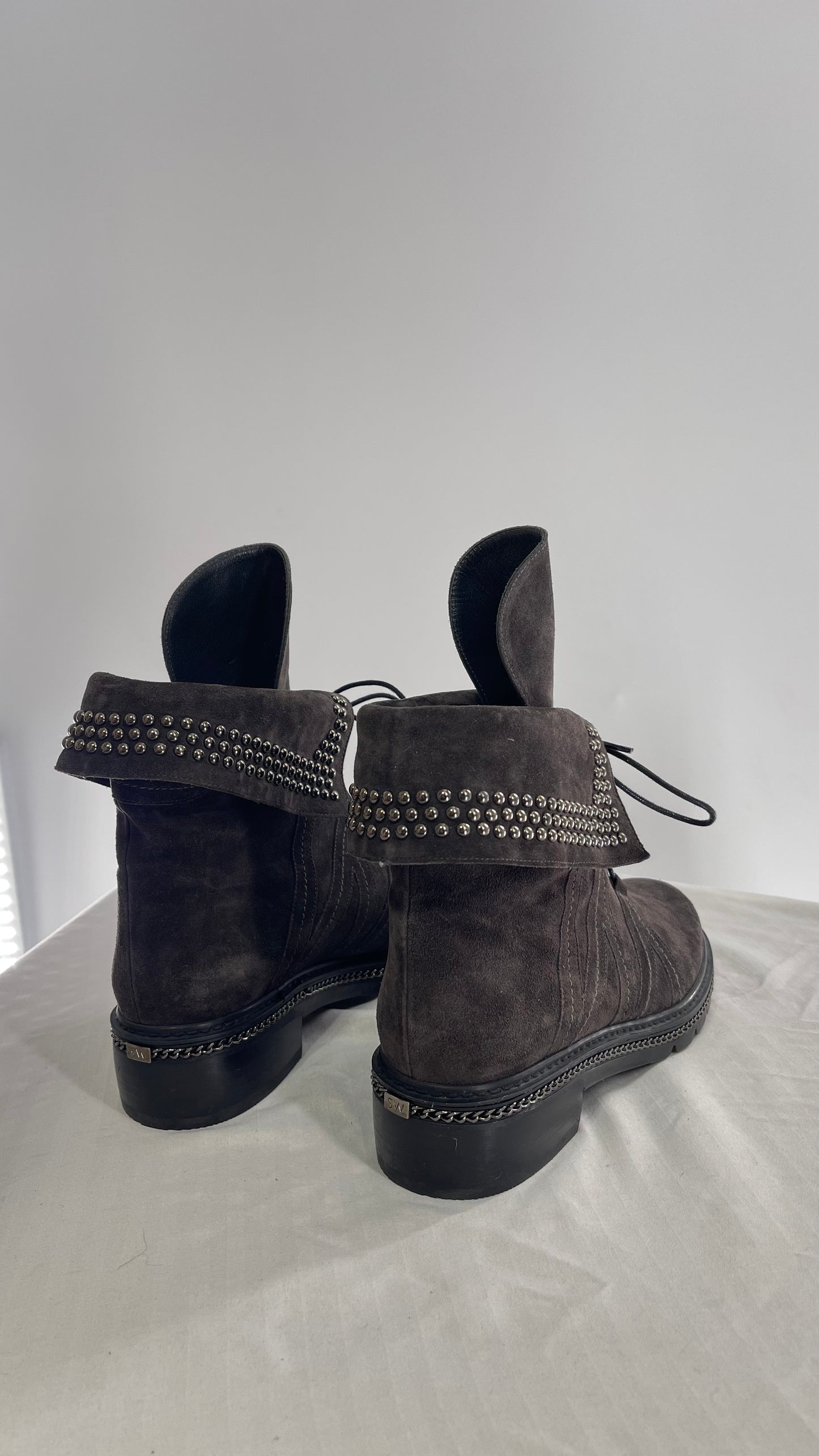 Stuart Weitzman Yadastud Grey Suede Leather Studded, Chainlink Boots (8)