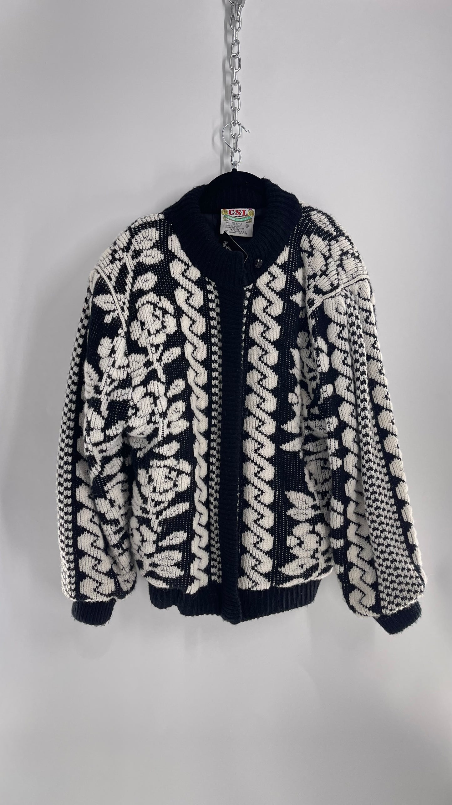 Vintage CSL Cherry Sticks Limited White Black Sweater Bomber Jacket (Small)