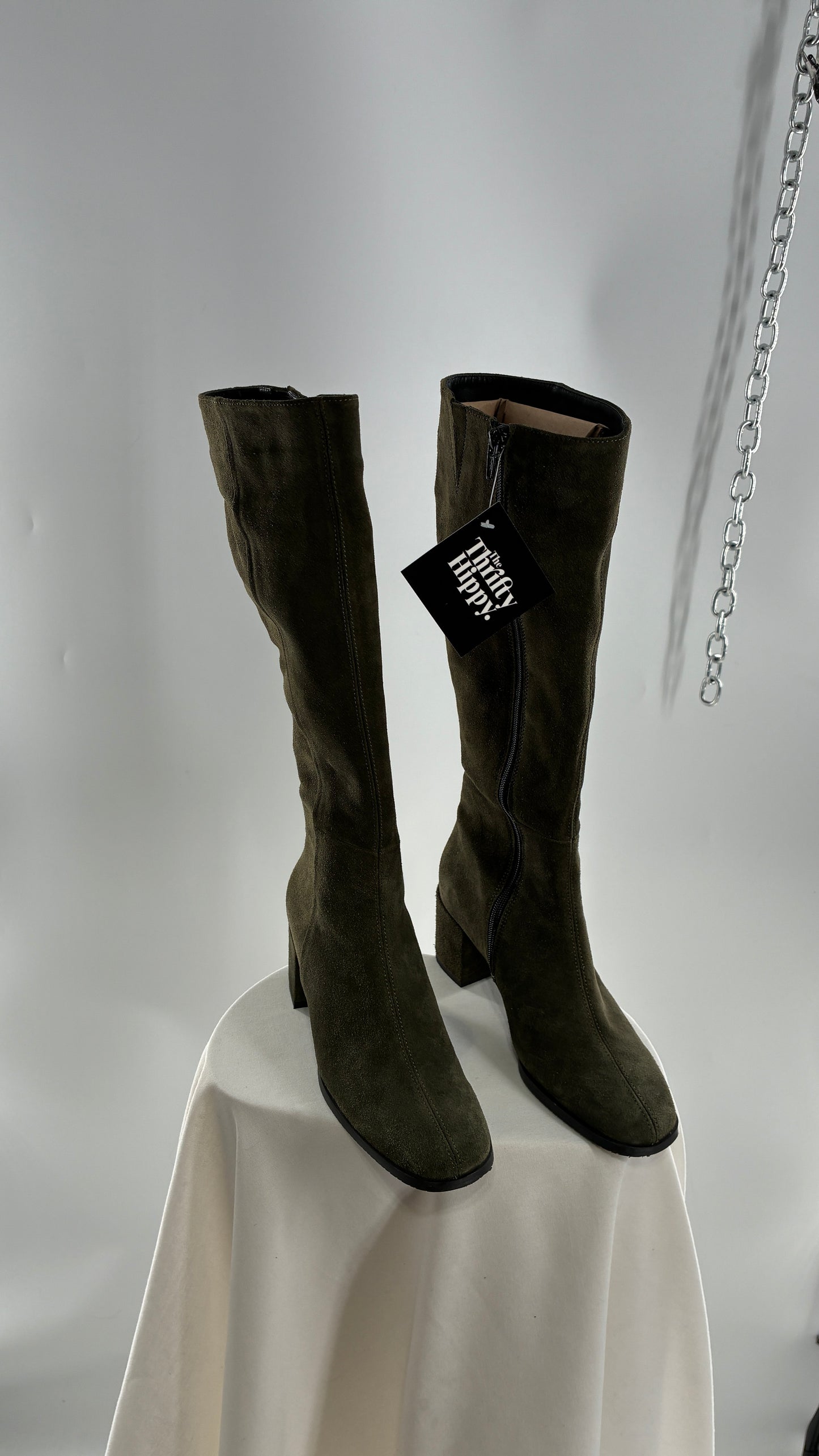 Vintage ERIC MICHAEL Olive Green Suede Boots Square Toe Knee High Boots (36)