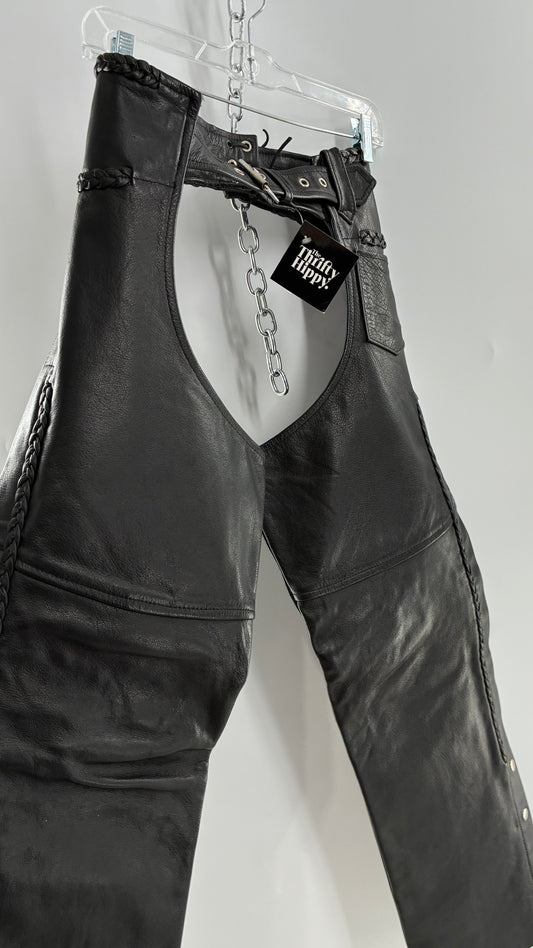 Vintage AMERICAN LEATHER Black Motorcycle Chaps/Pants with Mini Pocket, and Side Zipper Detailing (XS)
